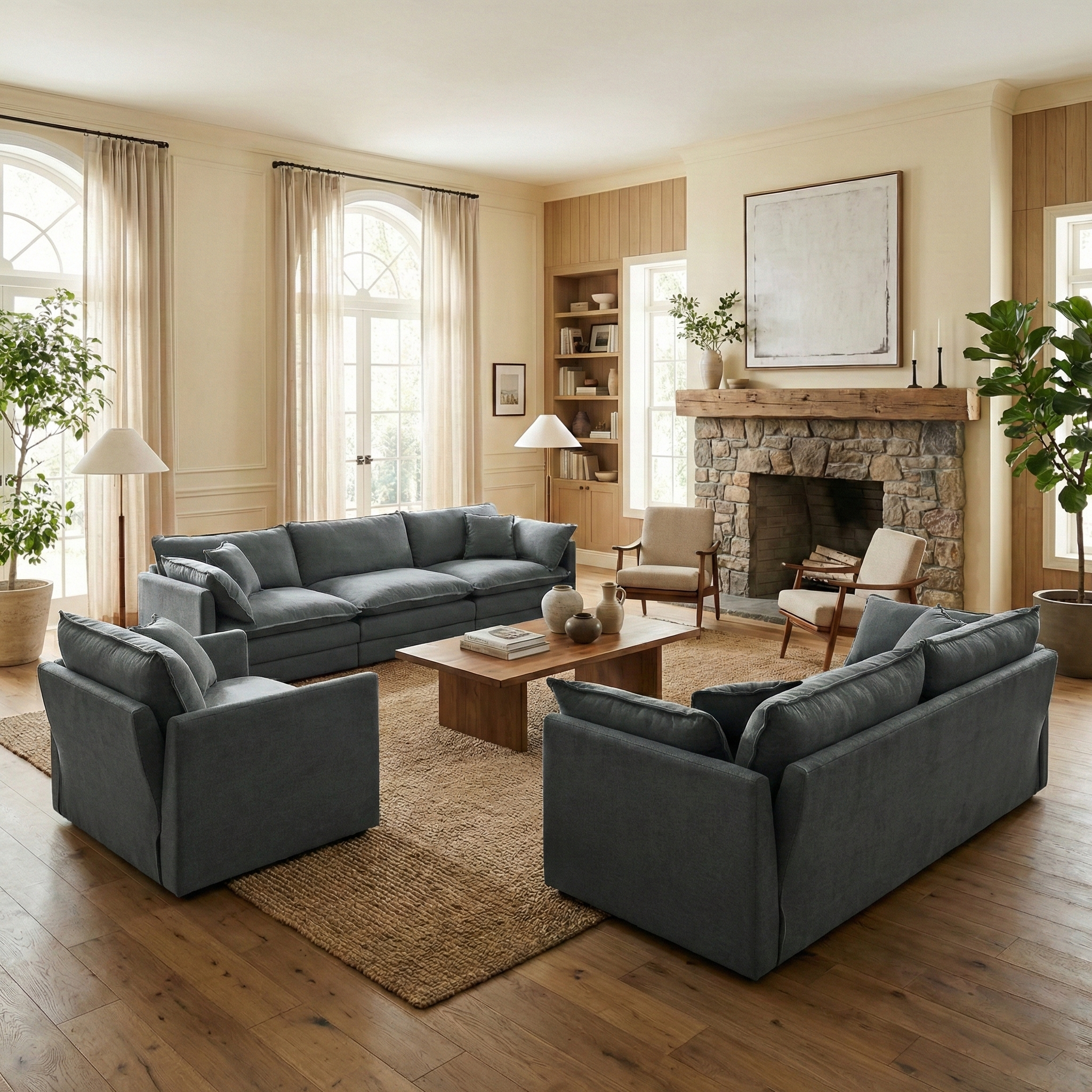 Fremont 3-Piece Modular Chenille Upholstered Sofa Set with Armchair, Loveseat and 3-Seater Sofa