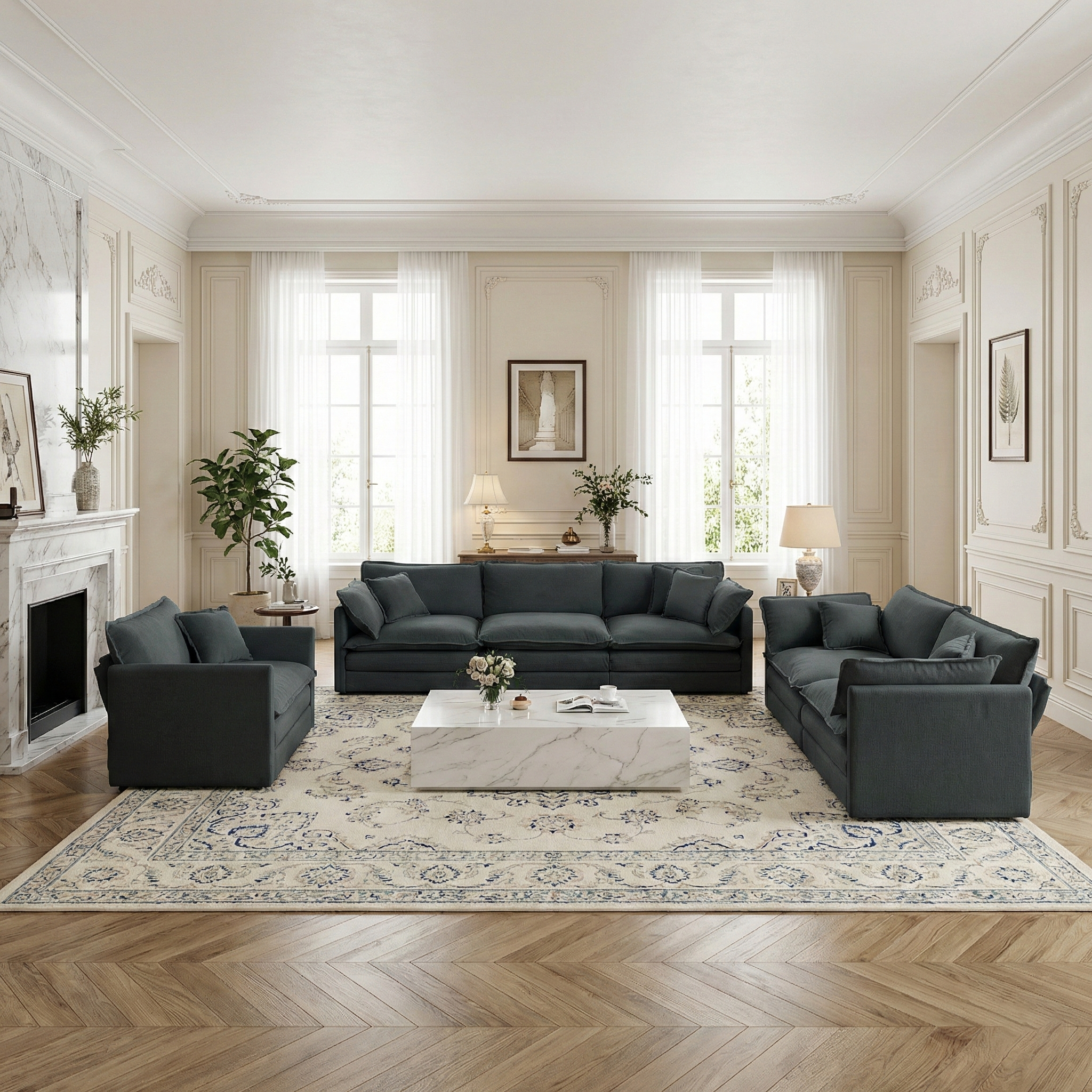 Fremont 3-Piece Modular Chenille Upholstered Sofa Set with Armchair, Loveseat and 3-Seater Sofa
