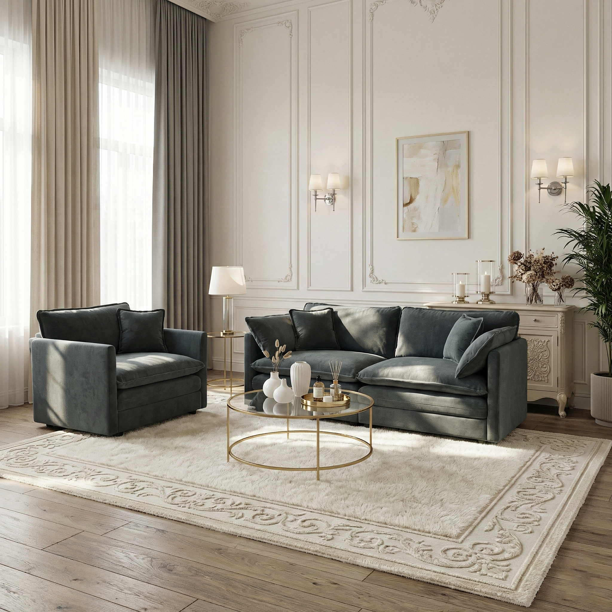 Fremont 2 Piece Chenille Upholstered Modular Sofa Set with Loveseat and Accent Chair