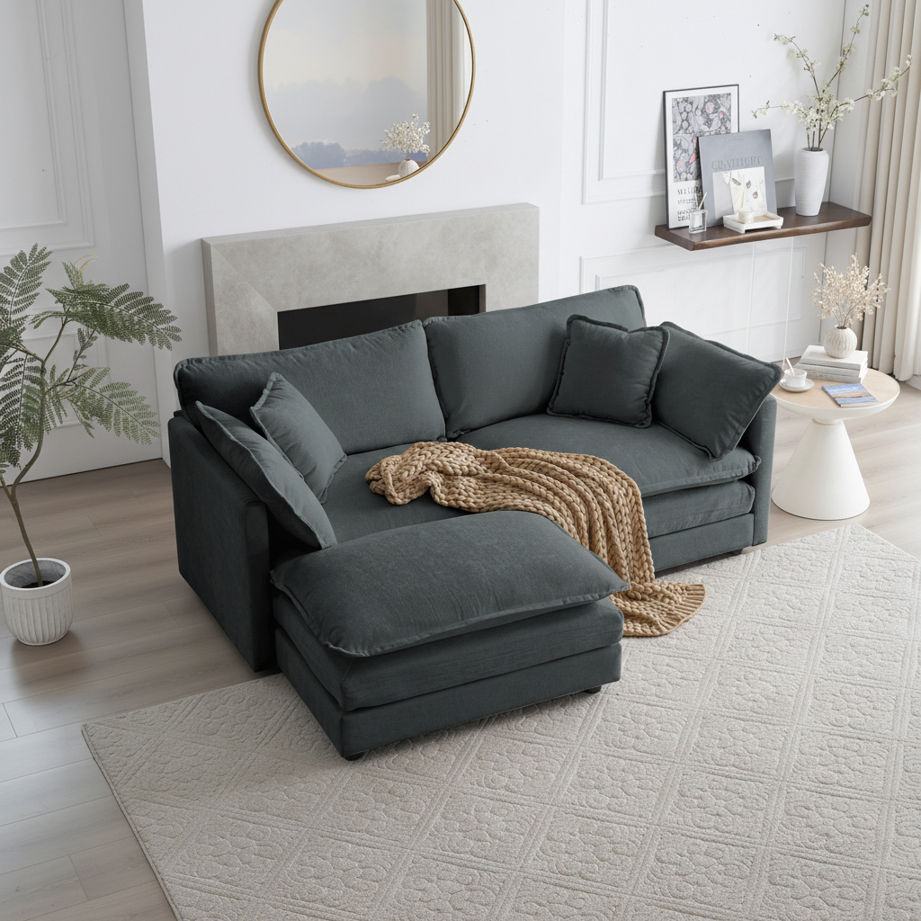 Fremont 77" Chenille Upholstered Modular Loveseat Sofa with Ottoman