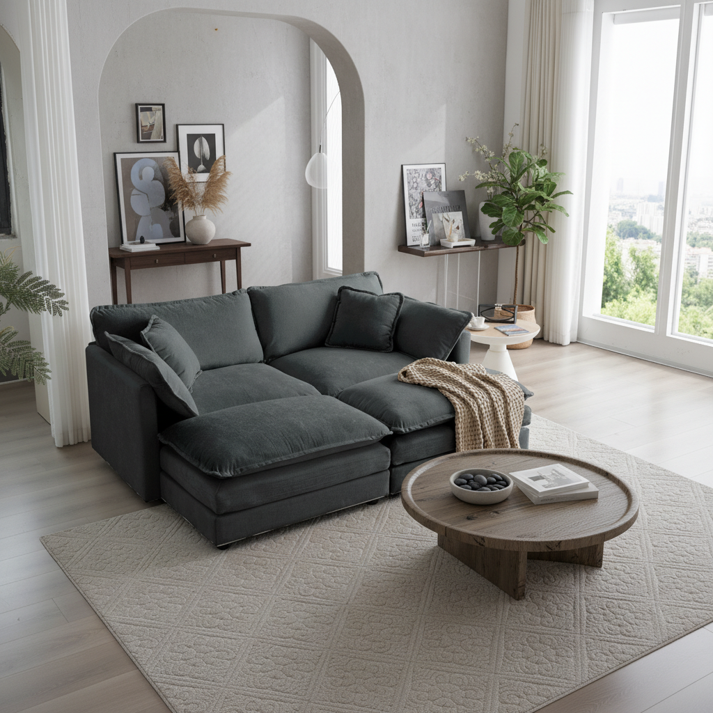 Fremont 77" 4-Piece Modular Chenille Upholstered Sectional Sofa with Ottomans