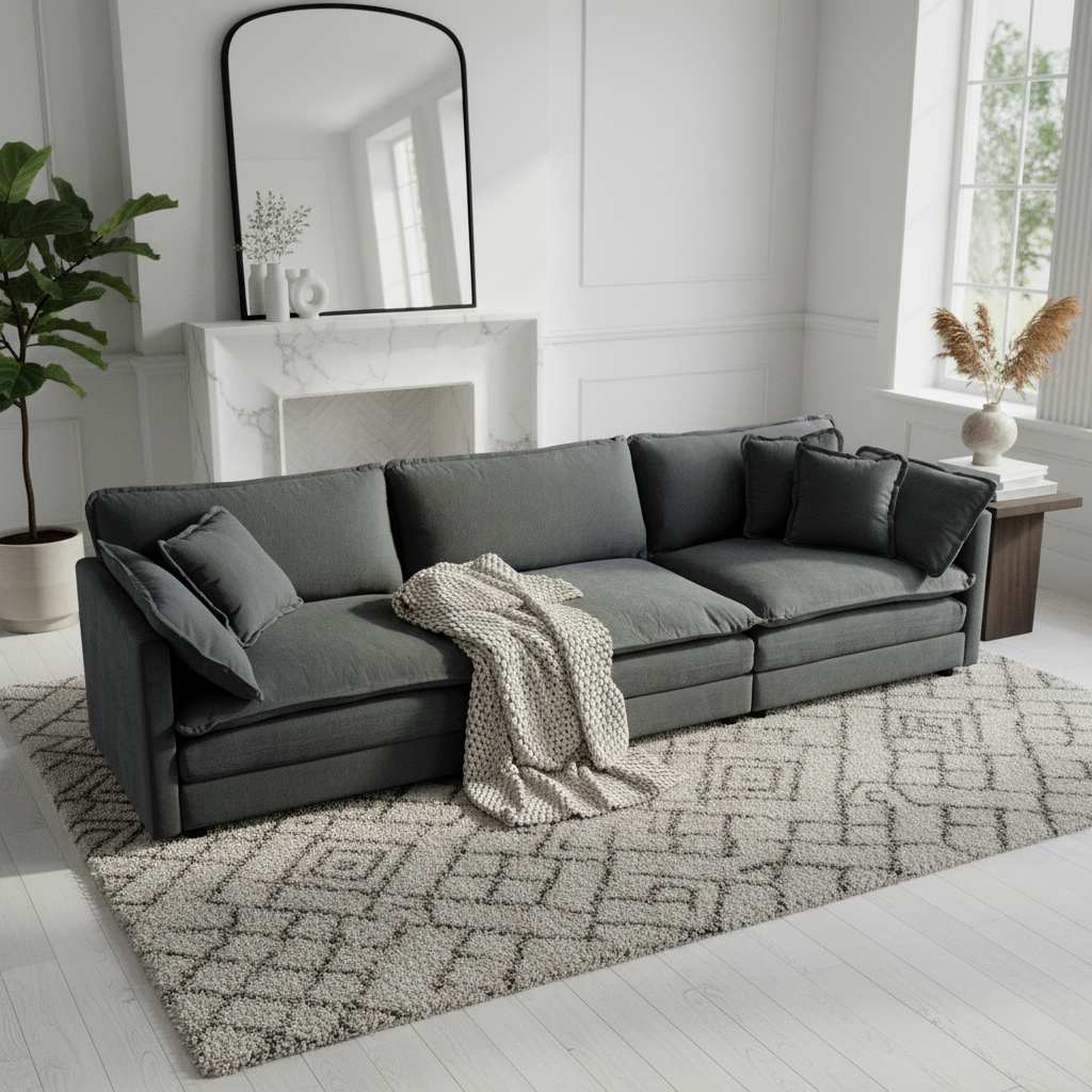 Fremont 112" Mid-Century Chenille 3-Seater Modular Sofa with Toss Pillows