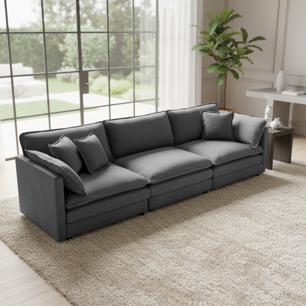 Fremont 112" Mid-Century Chenille 3-Seater Modular Sofa with Toss Pillows