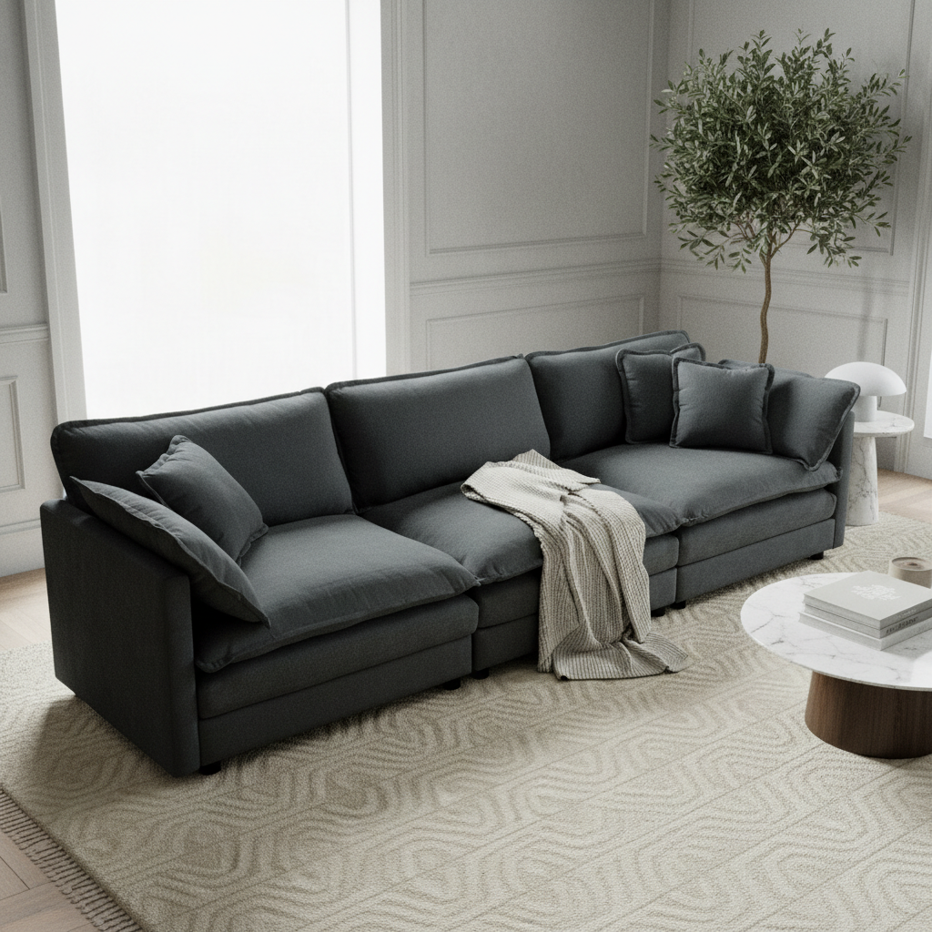 Fremont 112" Mid-Century Chenille 3-Seater Modular Sofa with Toss Pillows