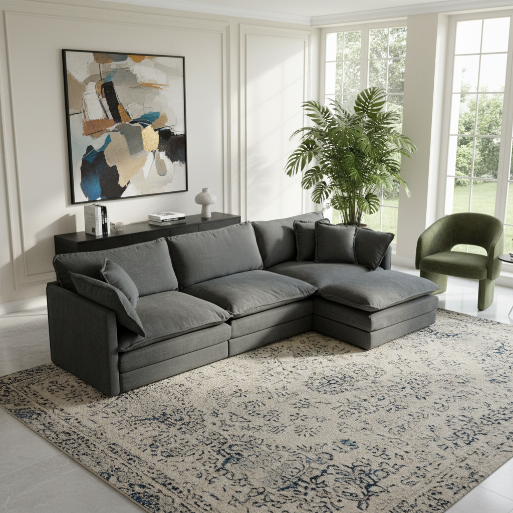 Fremont 112" Modular Chenille Upholstered L-Shaped Sectional Sofa with Ottoman