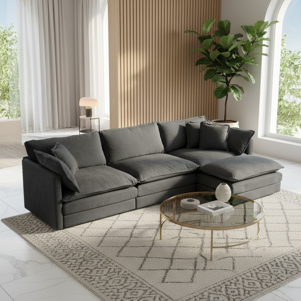 Fremont 112" Modular Chenille Upholstered L-Shaped Sectional Sofa with Ottoman