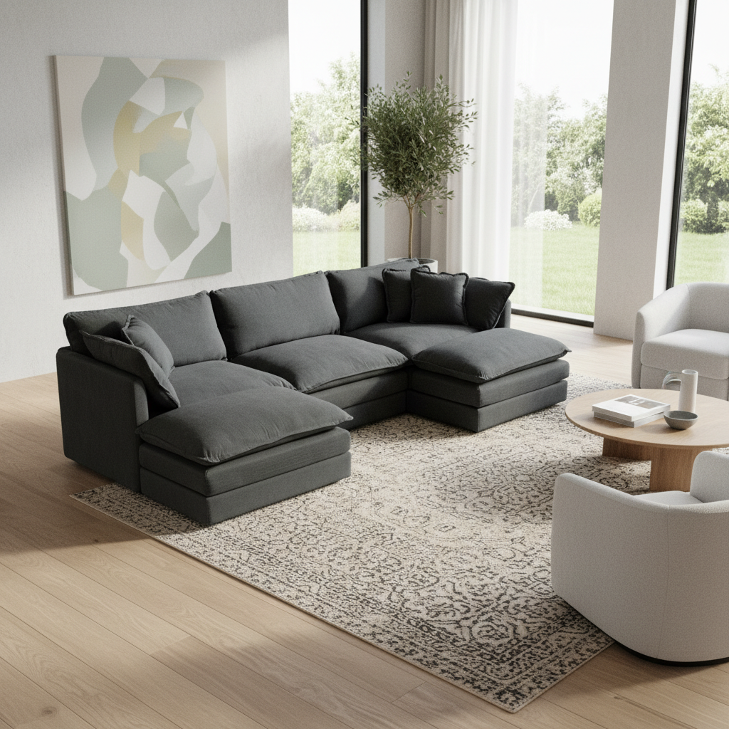 Fremont 112" Modular Chenille Upholstered U-Shaped Sectional Sofa with Ottomans