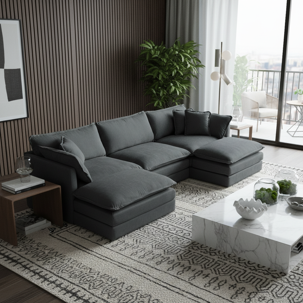 Fremont 112" Modular Chenille Upholstered U-Shaped Sectional Sofa with Ottomans