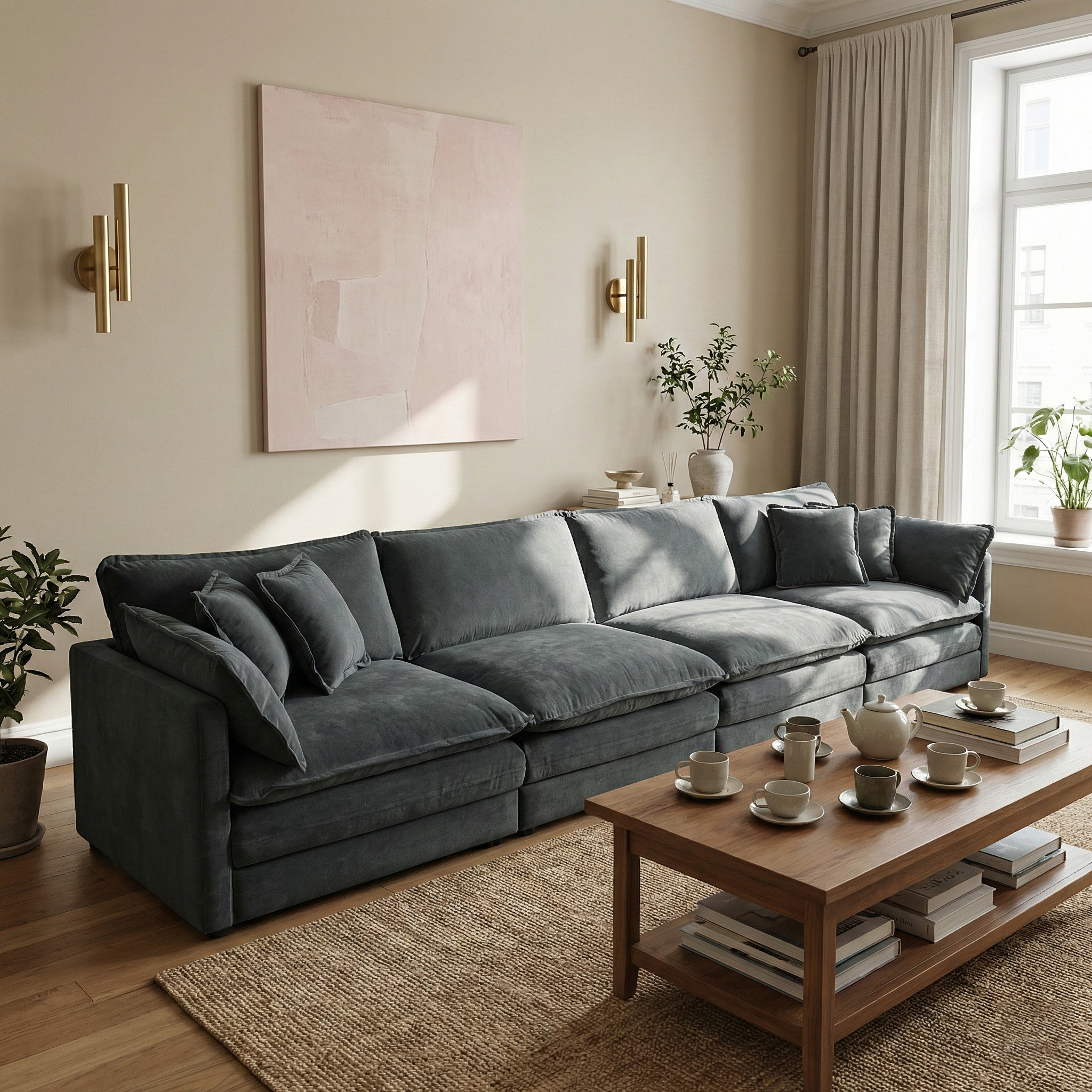 Fremont 147" 4-Seater Chenille Upholstered Modular Sofa with Toss Pillows