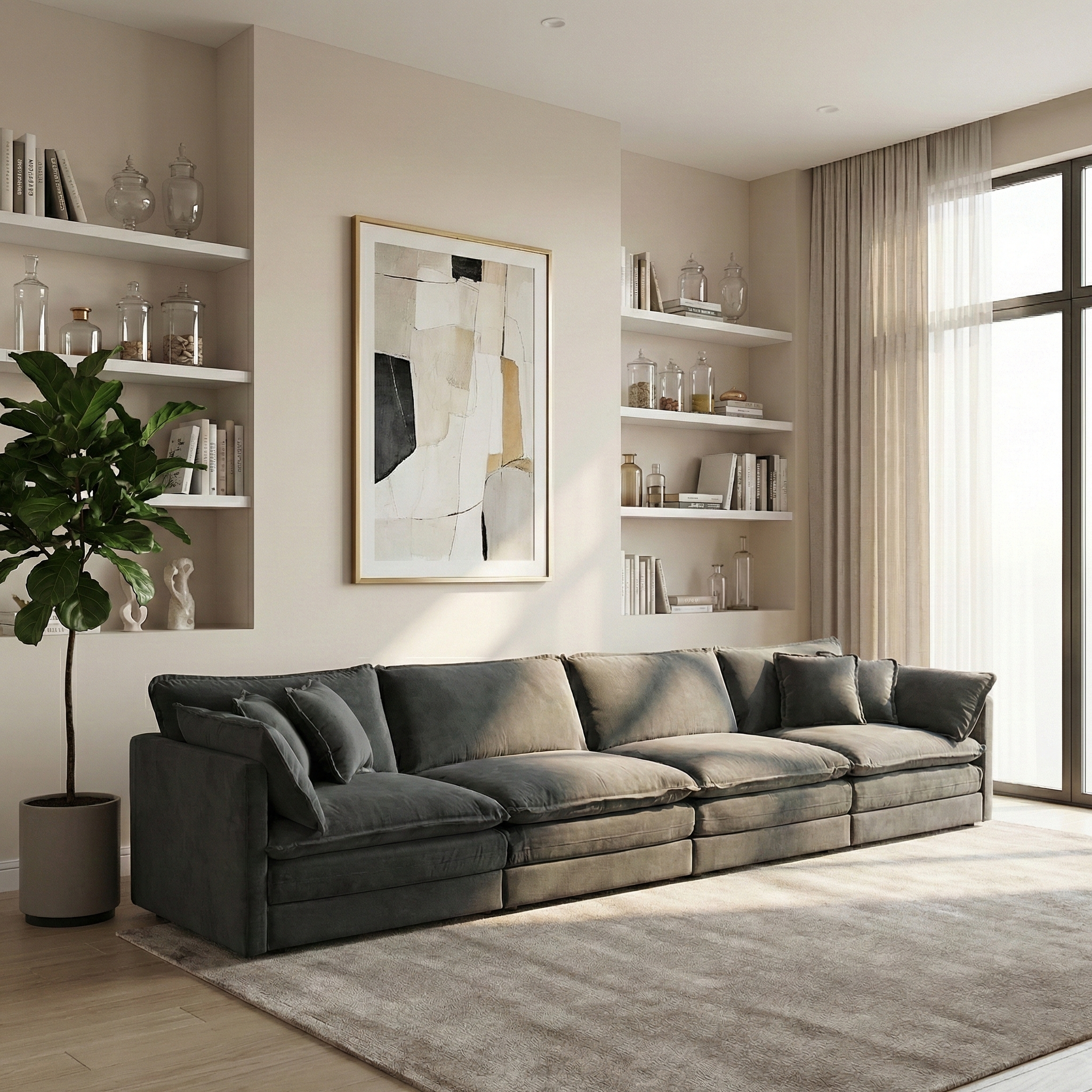 Fremont 147" 4-Seater Chenille Upholstered Modular Sofa with Toss Pillows