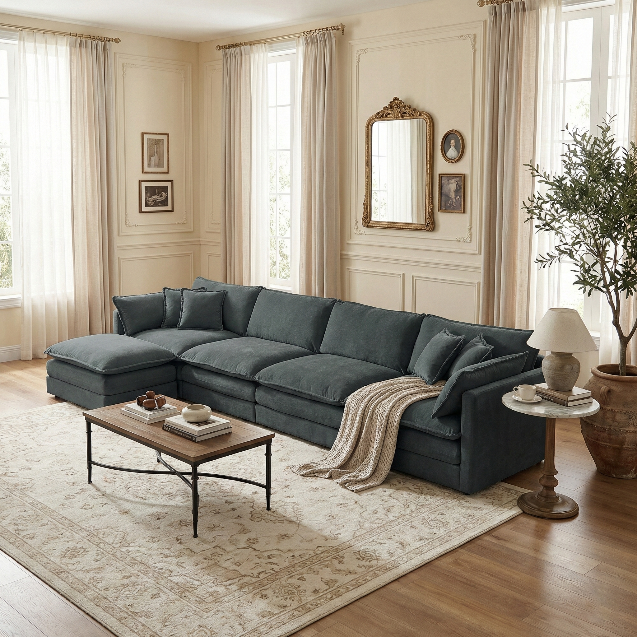 Fremont 147" Modular Chenille Upholstered L-Shaped Sectional Sofa with Ottoman