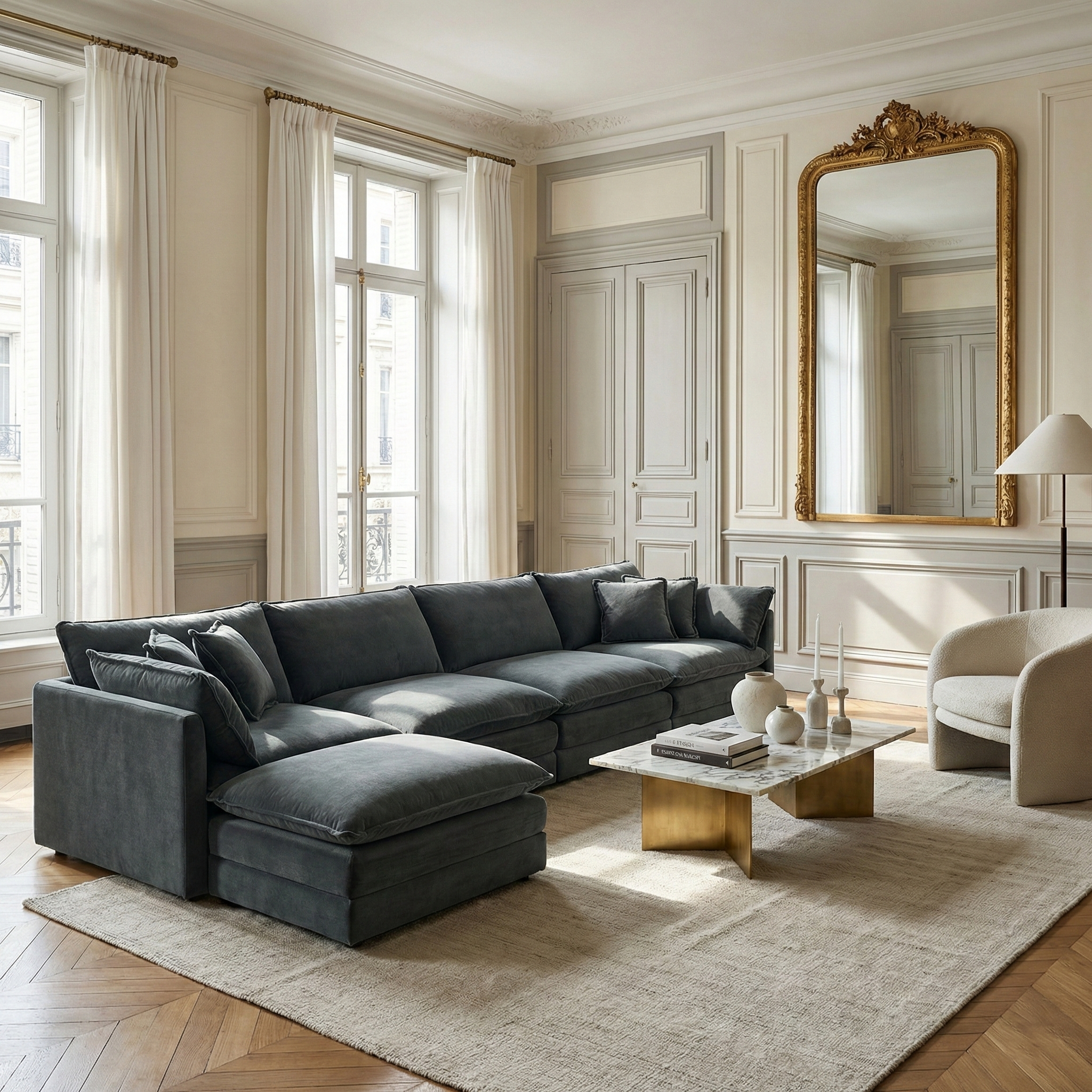 Fremont 147" Modular Chenille Upholstered L-Shaped Sectional Sofa with Ottoman