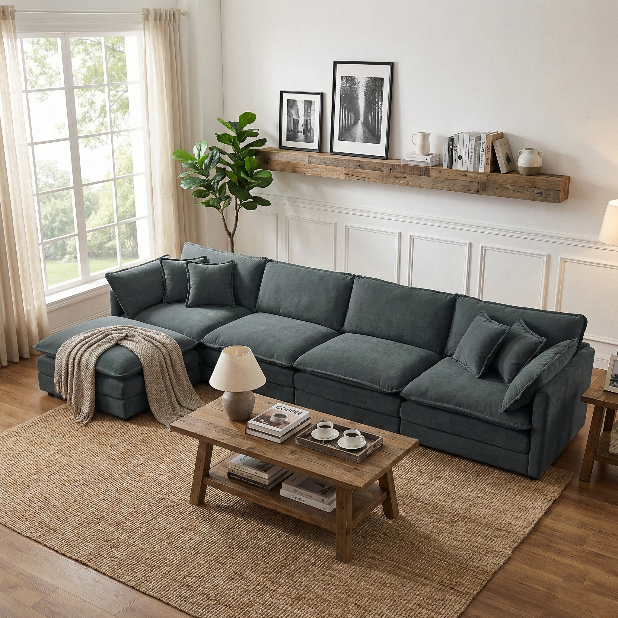 Fremont 147" Modular Chenille Upholstered L-Shaped Sectional Sofa with Ottoman