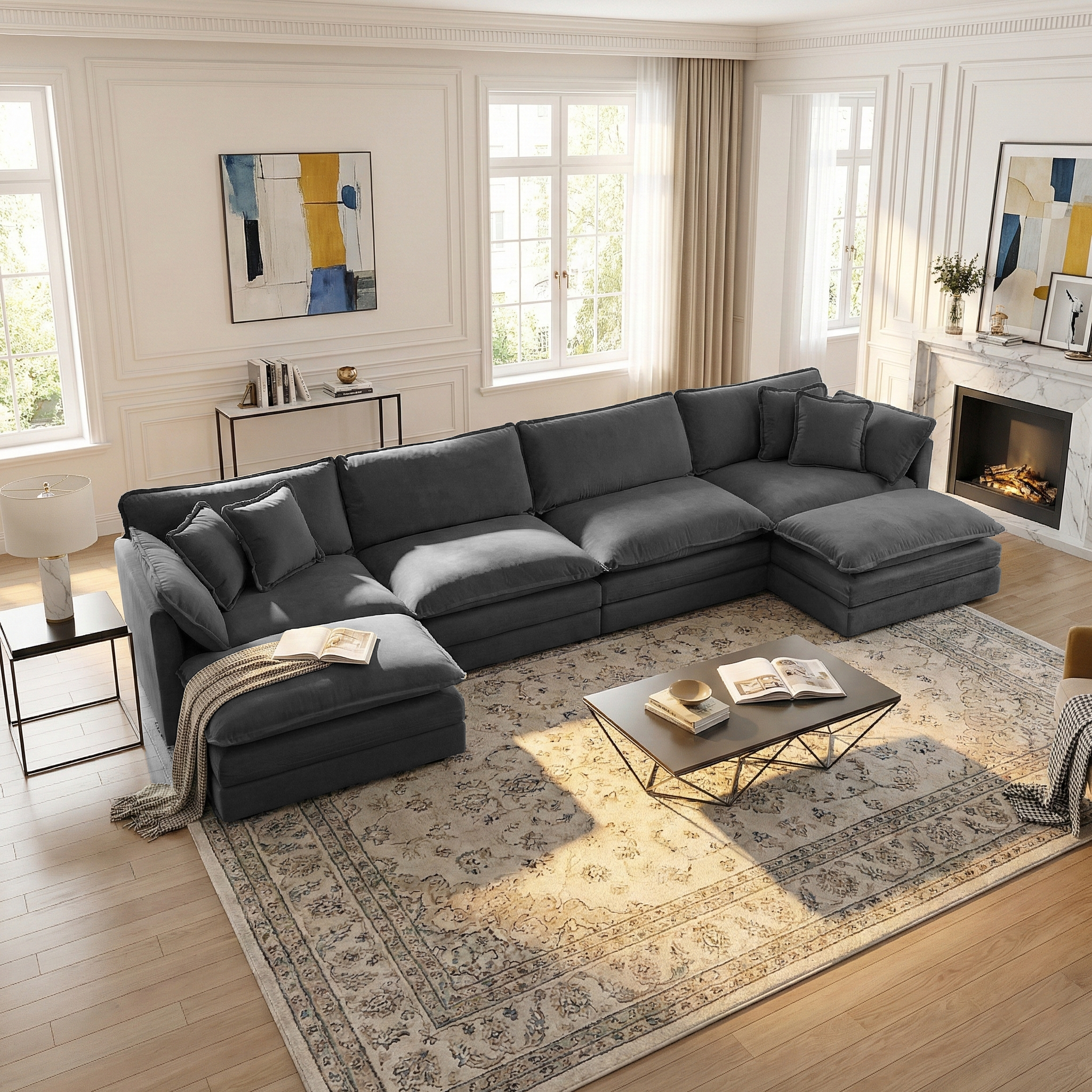 Fremont 147” 6 Piece Large U-Shaped Modular Sectional Sofa Set with 2 Ottomans