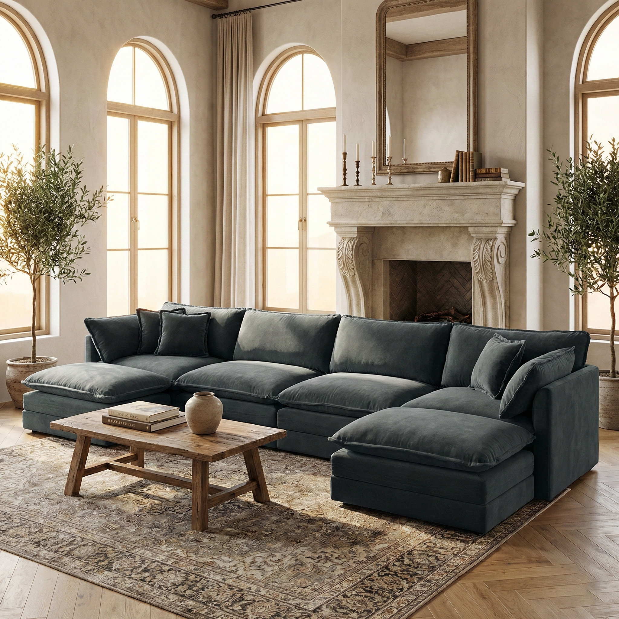 Fremont 147” 6 Piece Large U-Shaped Modular Sectional Sofa Set with 2 Ottomans