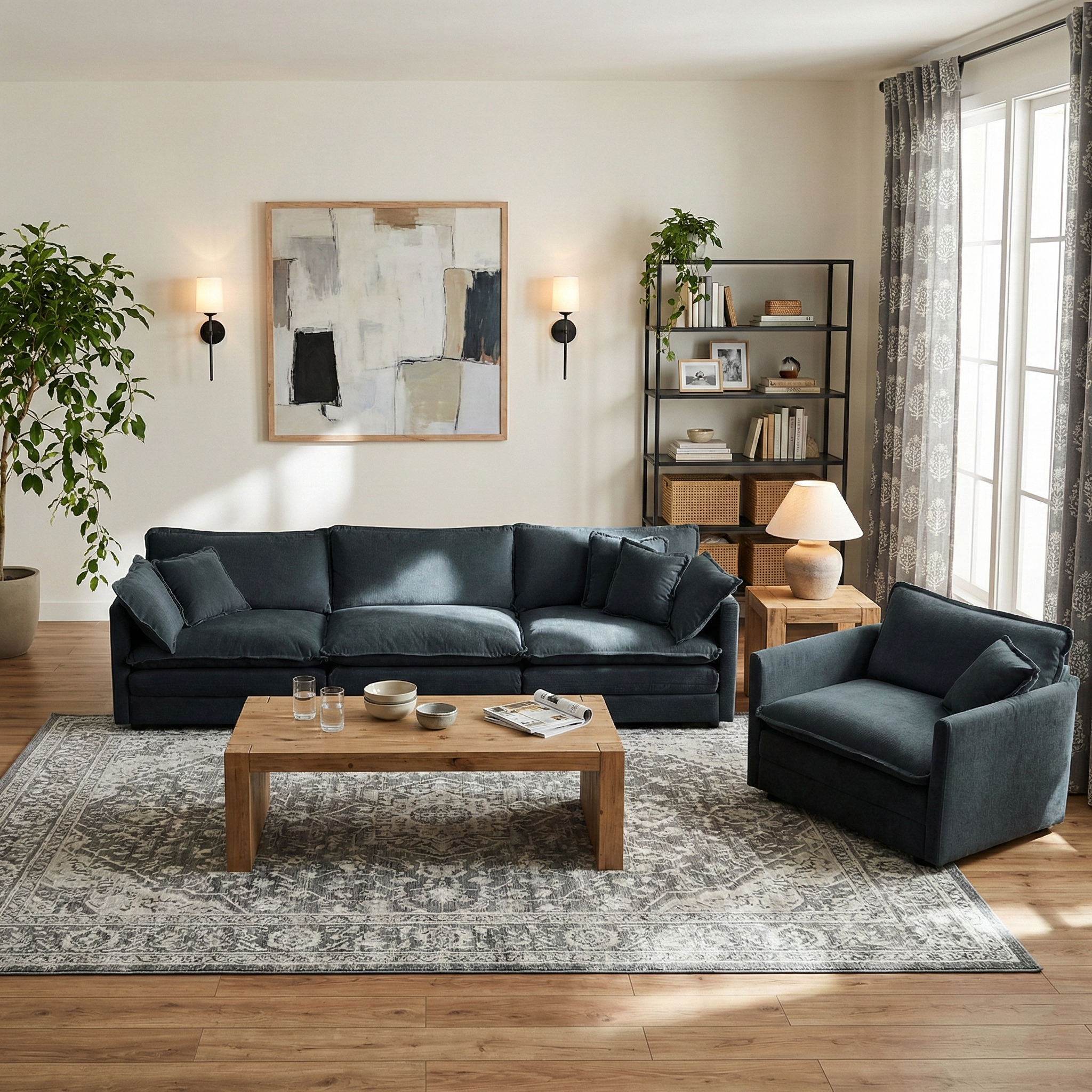 Fremont 3-Piece Modular Chenille Upholstered Sofa Set with Armchair and 3-Seater Sofa