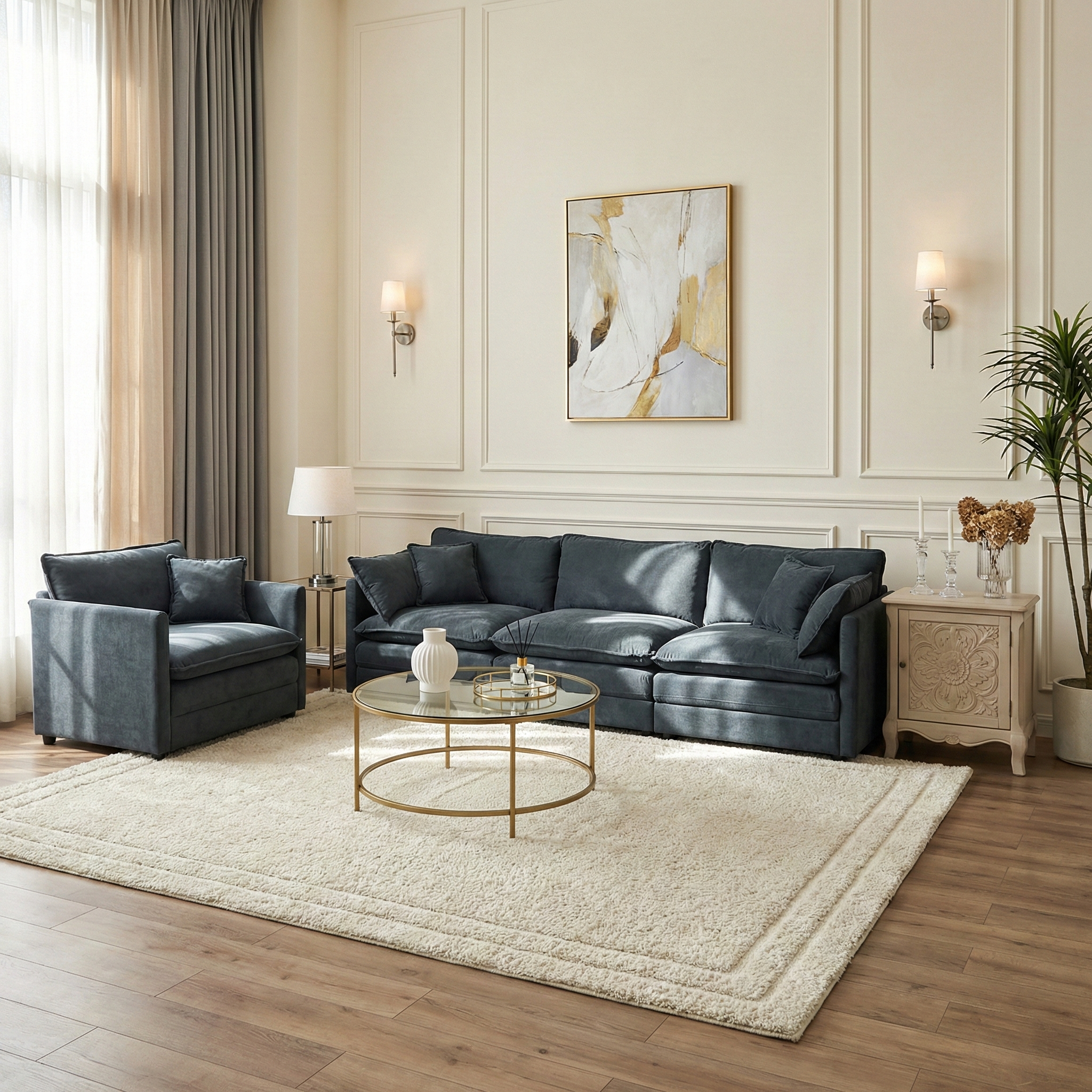 Fremont 3-Piece Modular Chenille Upholstered Sofa Set with Armchair and 3-Seater Sofa