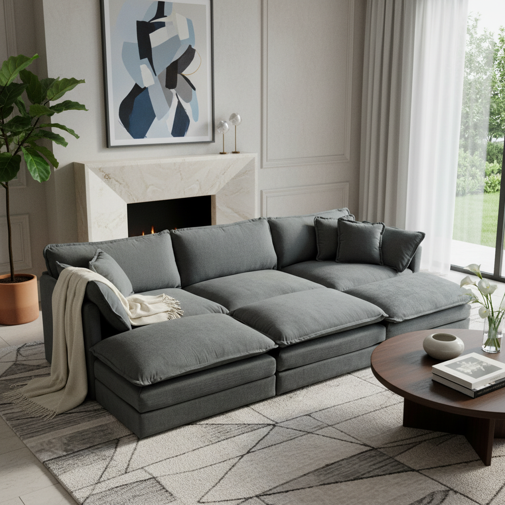 Fremont 112" 6-Piece Modular Chenille Upholstered Sectional Sofa with Ottomans