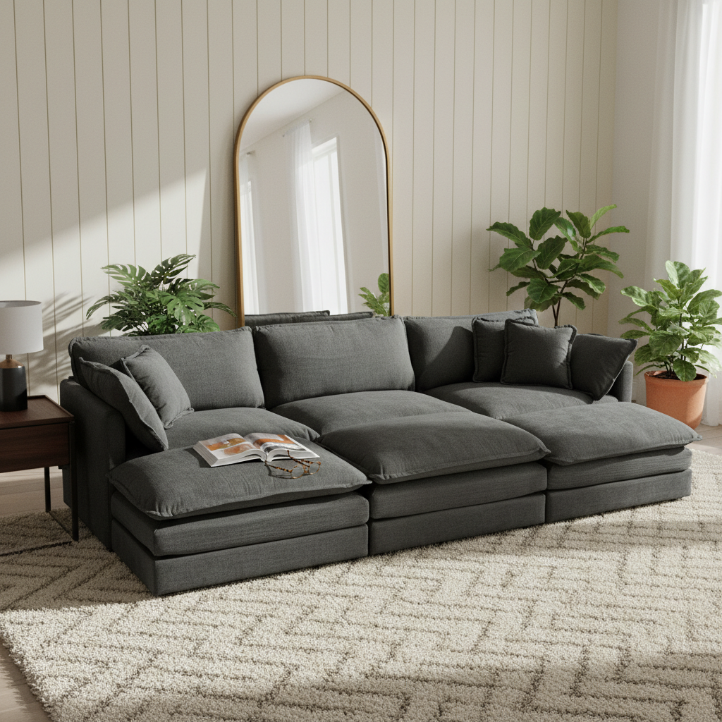 Fremont 112" 6-Piece Modular Chenille Upholstered Sectional Sofa with Ottomans