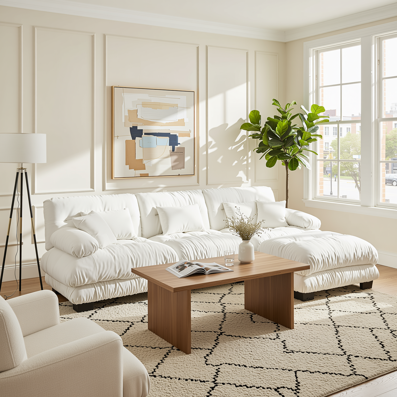 Monterey 134" Modular Chenille Cloud L-Shaped Sectional Sofa with Convertible Ottoman