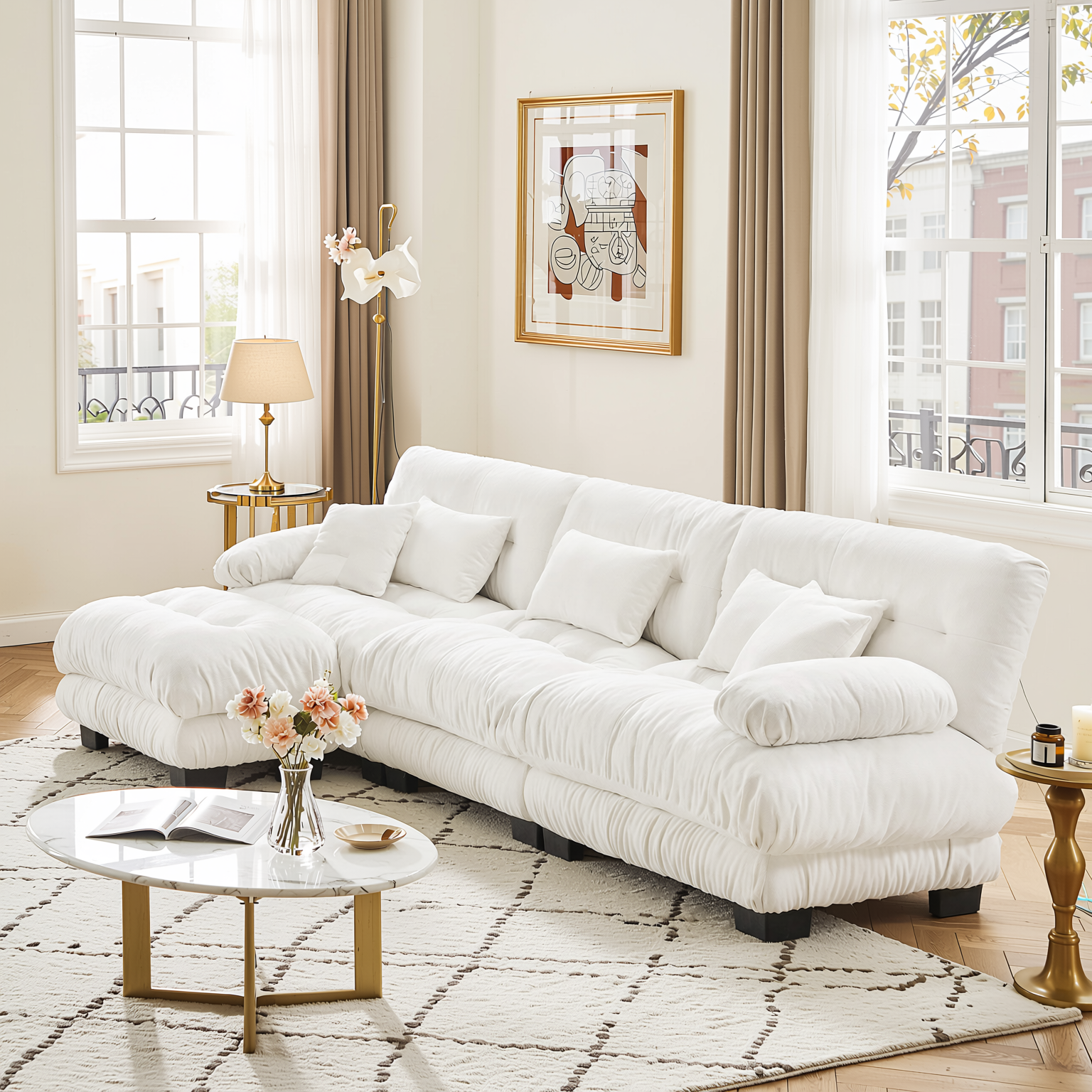 Monterey 134" Modular Chenille Cloud L-Shaped Sectional Sofa with Convertible Ottoman