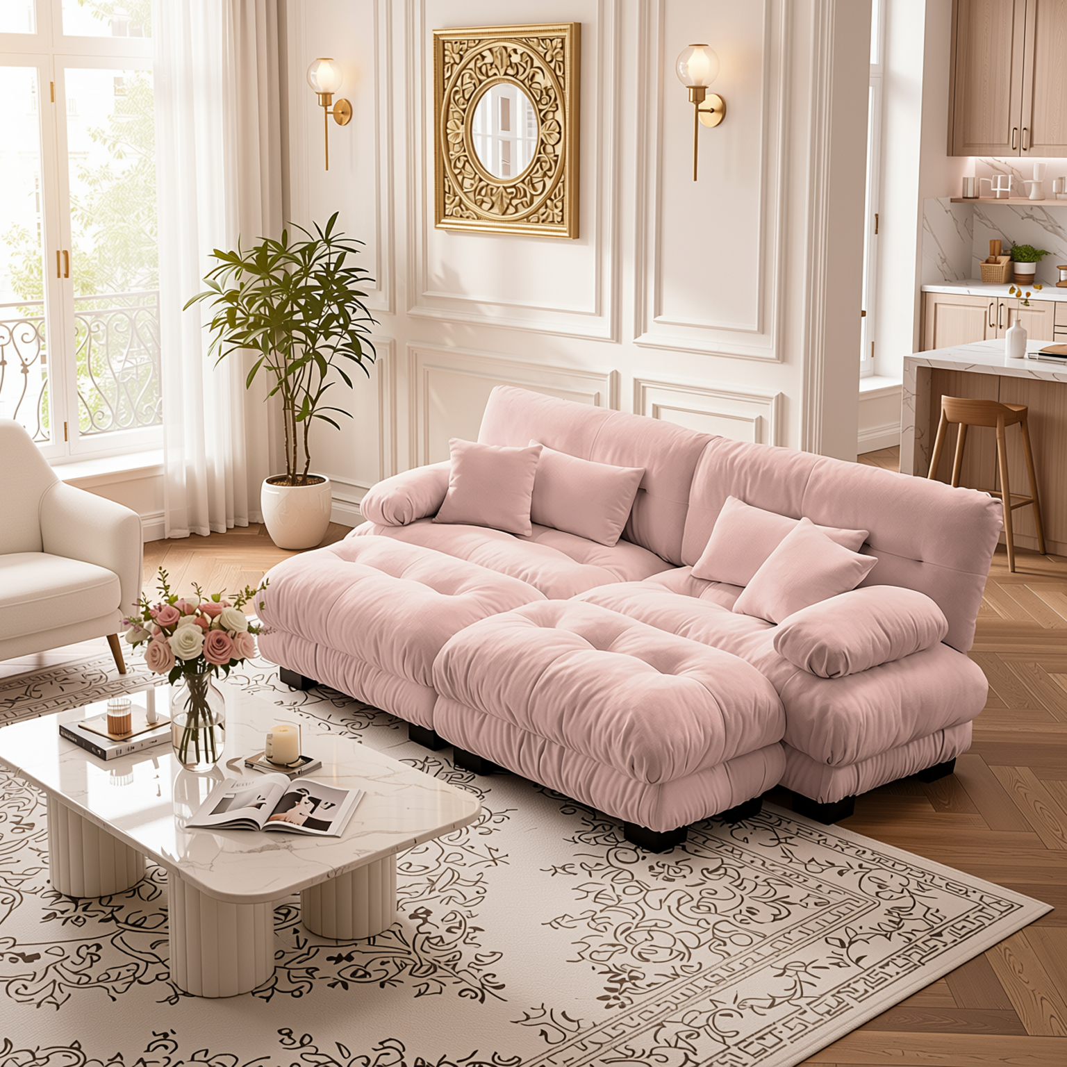 Monterey 94" Modular Chenille Cloud Sofa with 2 Ottomans and Bolstered Armrests
