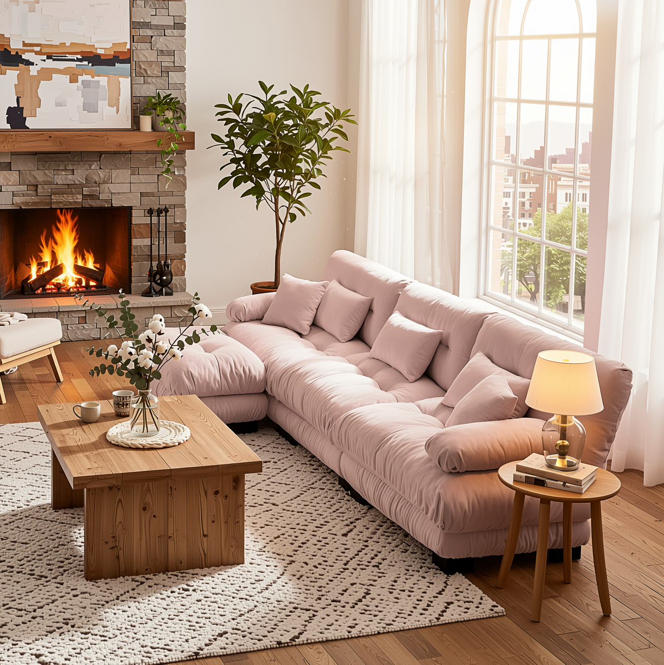 Monterey 134" Modular Chenille Cloud L-Shaped Sectional Sofa with Convertible Ottoman