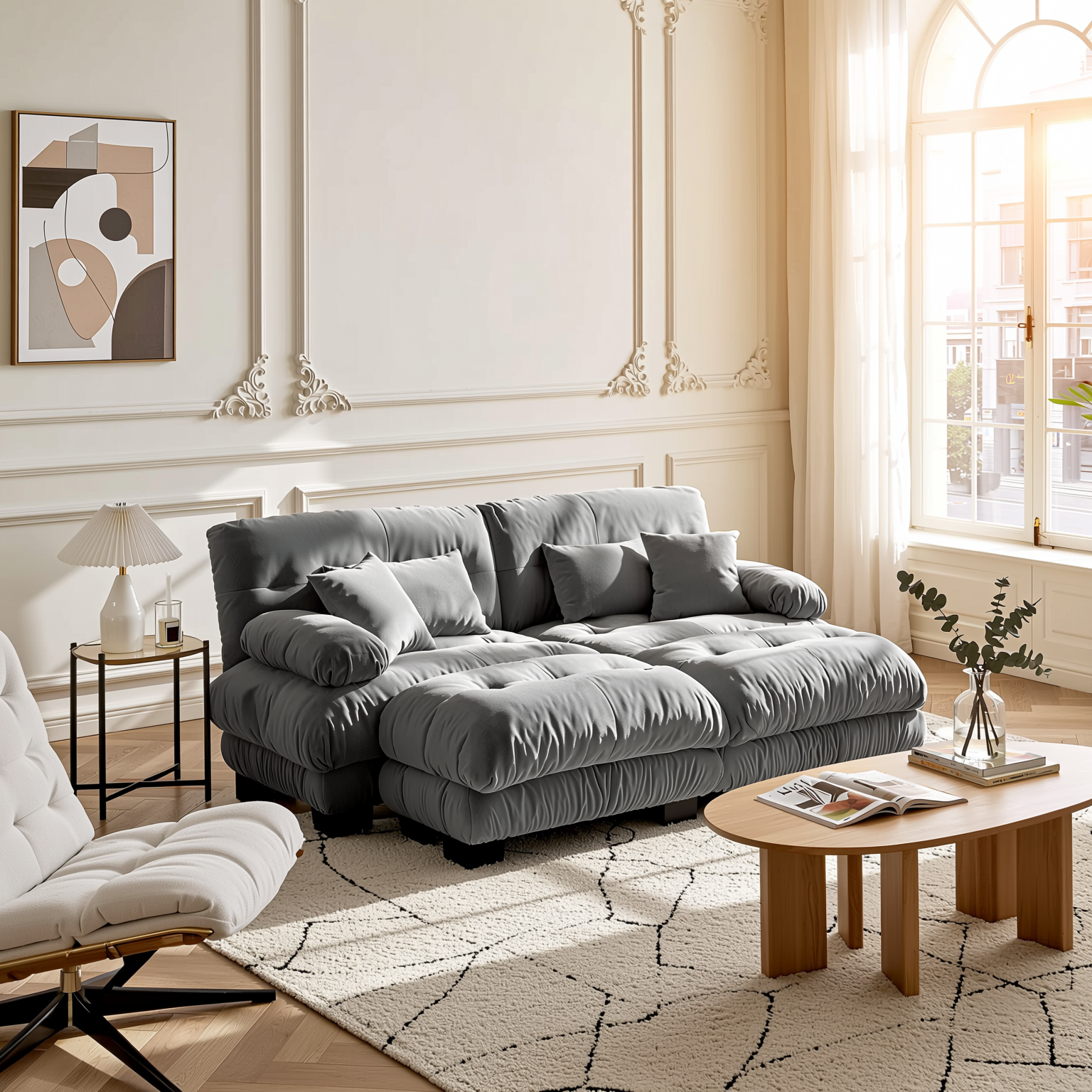 Monterey 94" Modular Chenille Cloud Sofa with 2 Ottomans and Bolstered Armrests