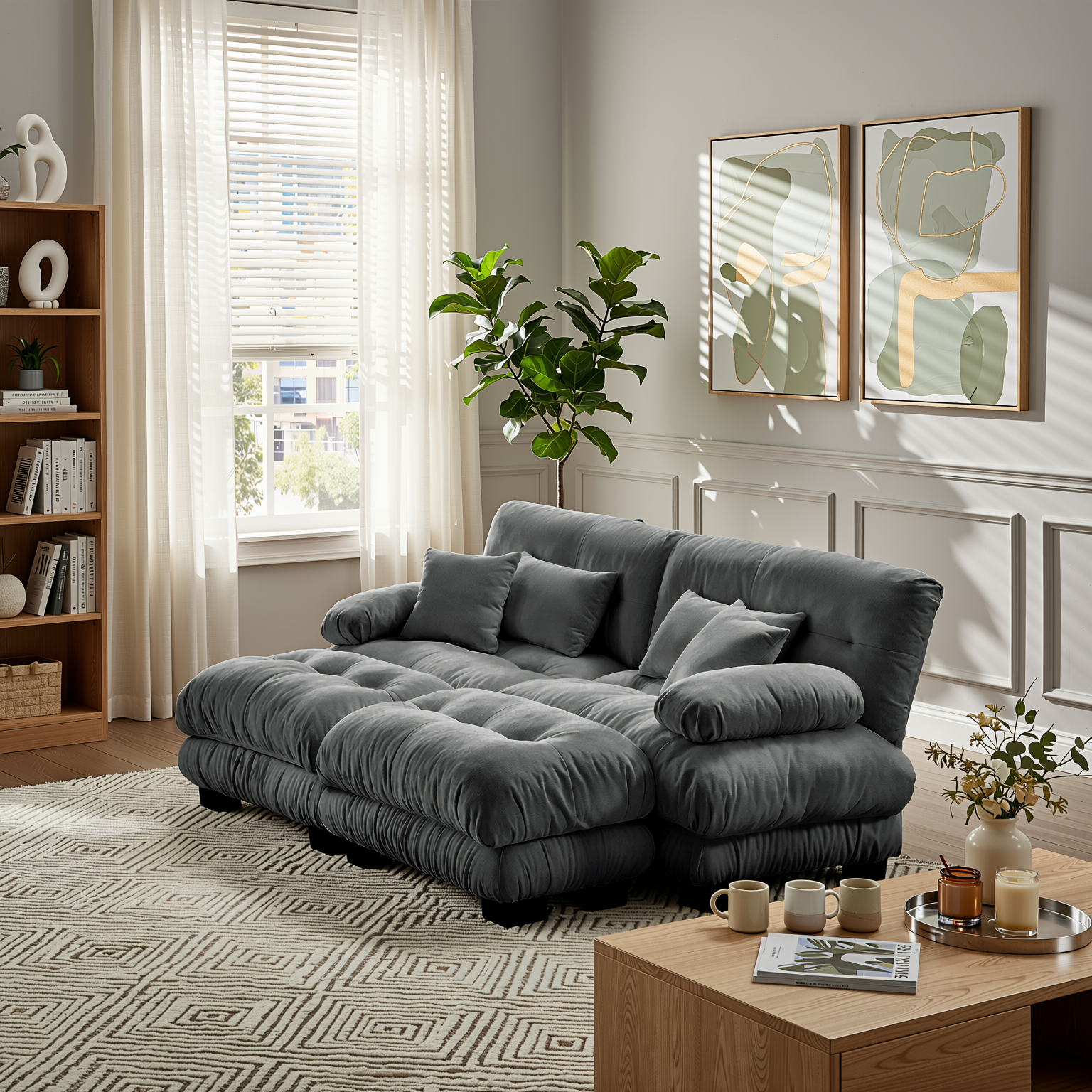 Monterey 94" Modular Chenille Cloud Sofa with 2 Ottomans and Bolstered Armrests