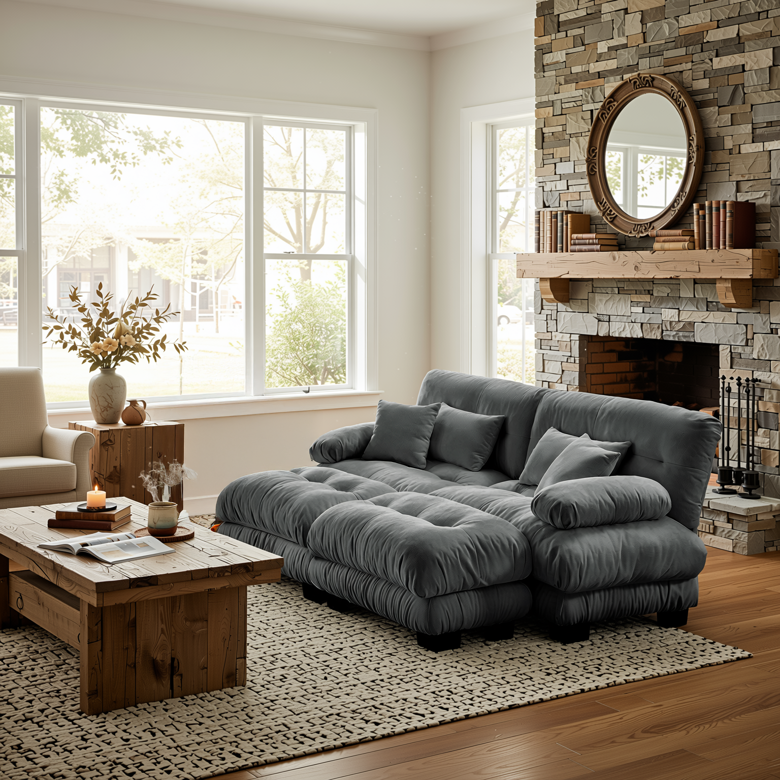 Monterey 94" Modular Chenille Cloud Sofa with 2 Ottomans and Bolstered Armrests
