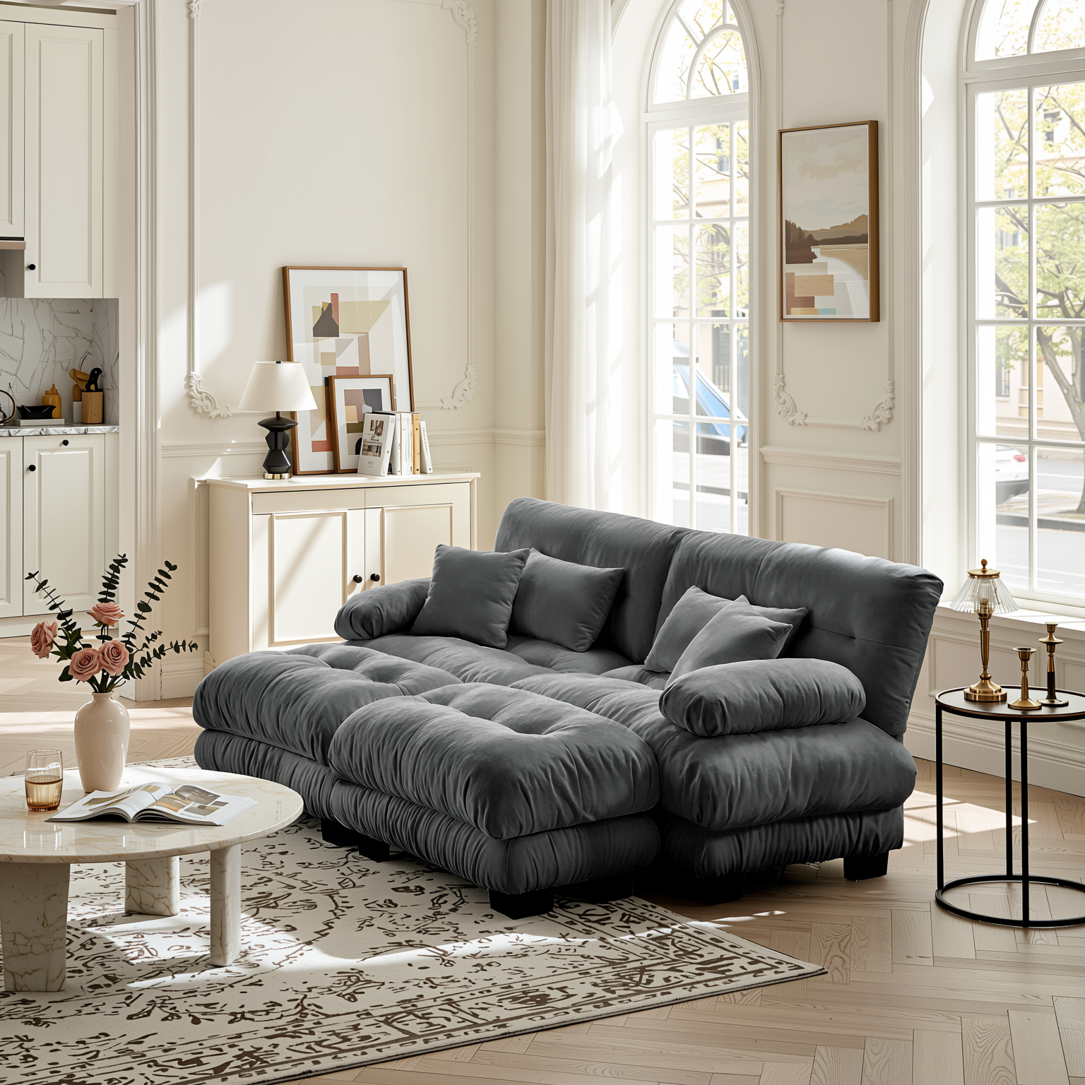 Monterey 94" Modular Chenille Cloud Sofa with 2 Ottomans and Bolstered Armrests