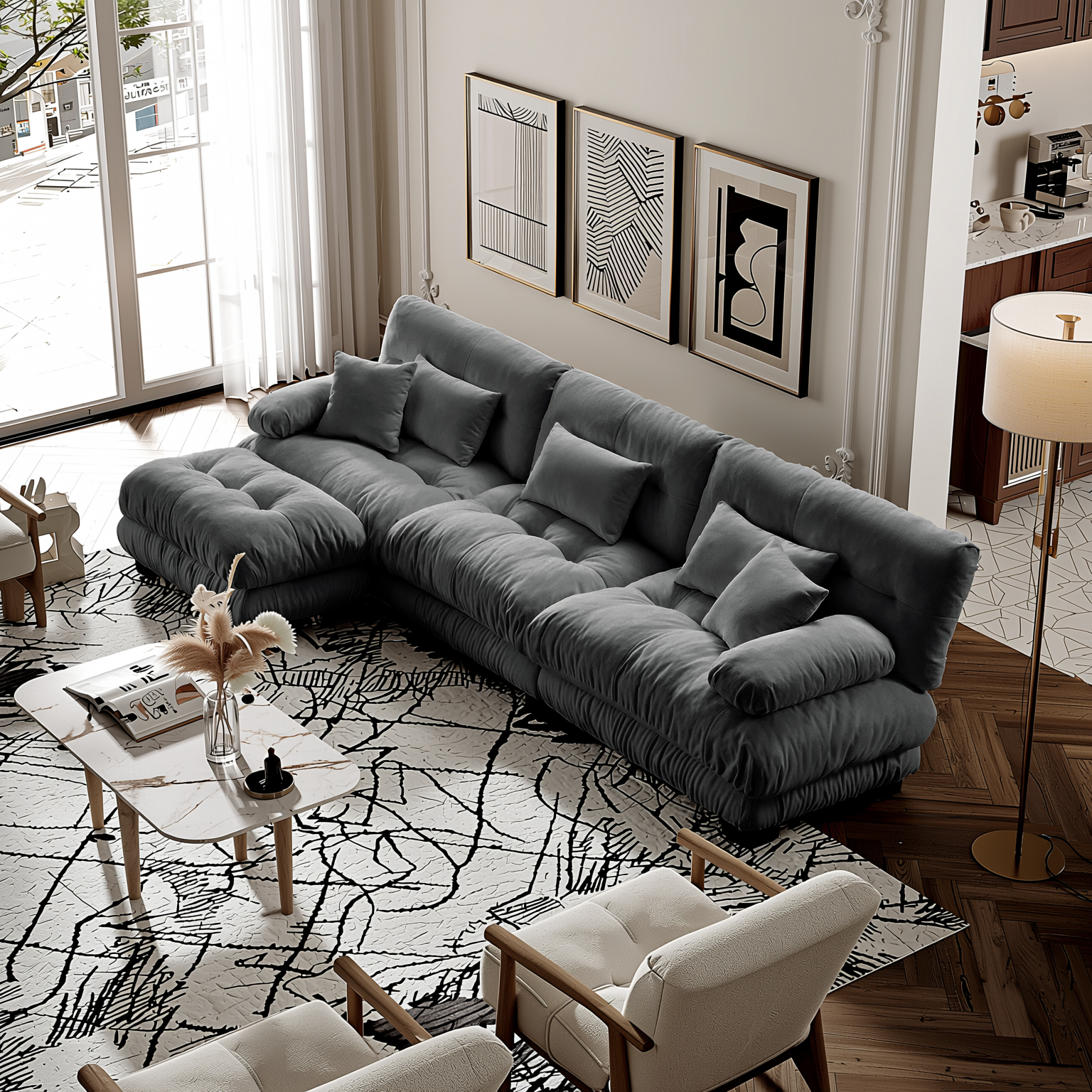Monterey 134" Modular Chenille Cloud L-Shaped Sectional Sofa with Convertible Ottoman
