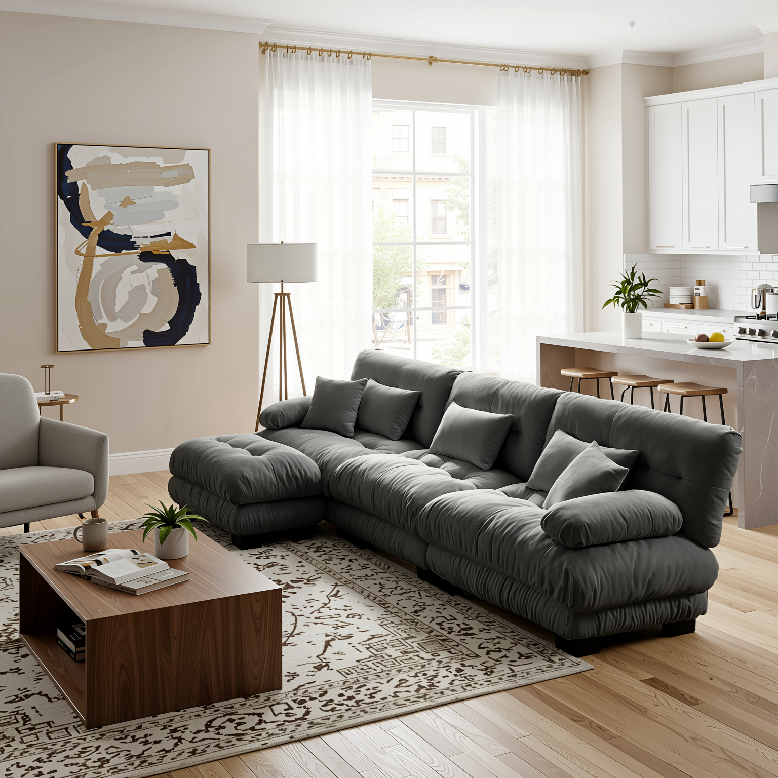 Monterey 134" Modular Chenille Cloud L-Shaped Sectional Sofa with Convertible Ottoman
