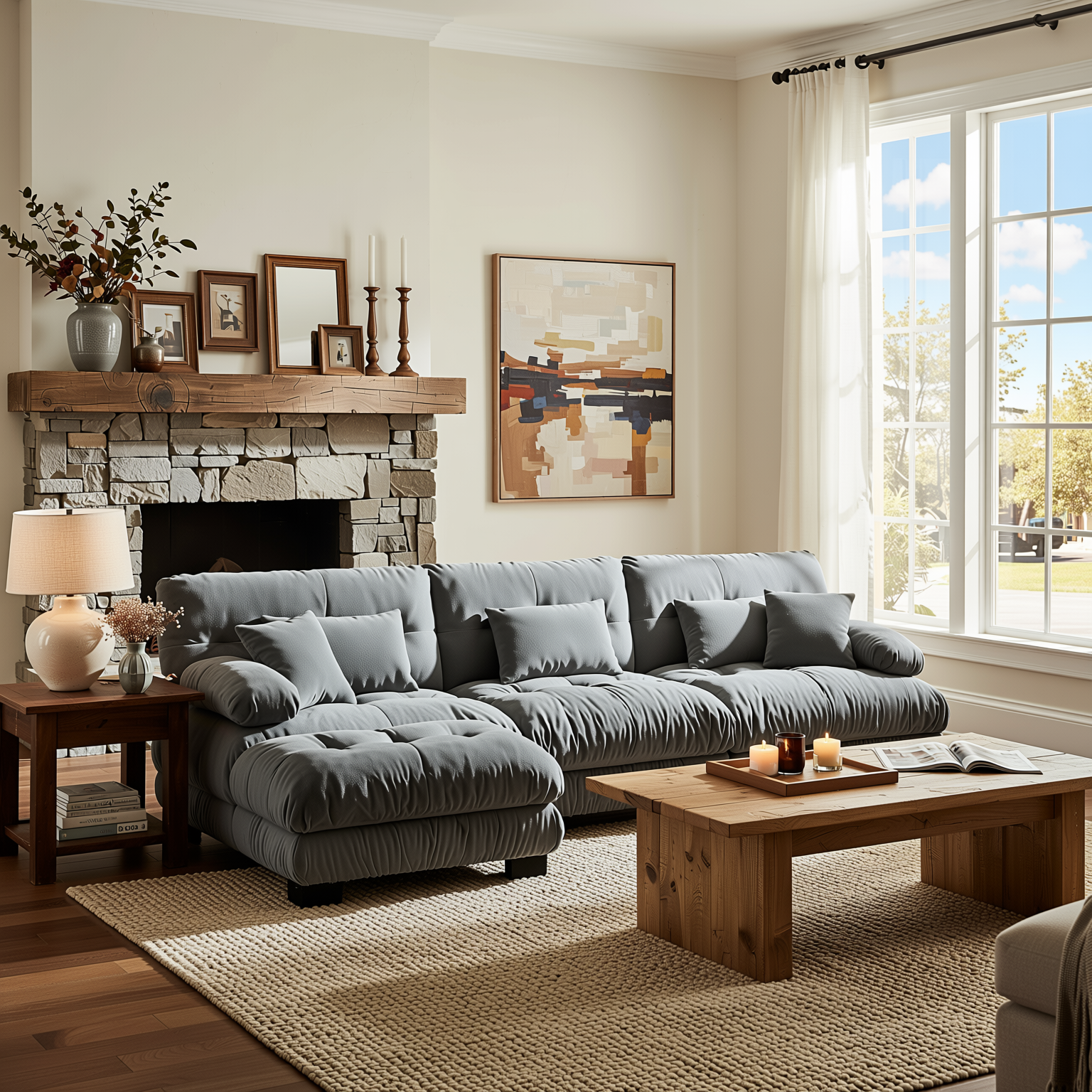 Monterey 134" Modular Chenille Cloud L-Shaped Sectional Sofa with Convertible Ottoman