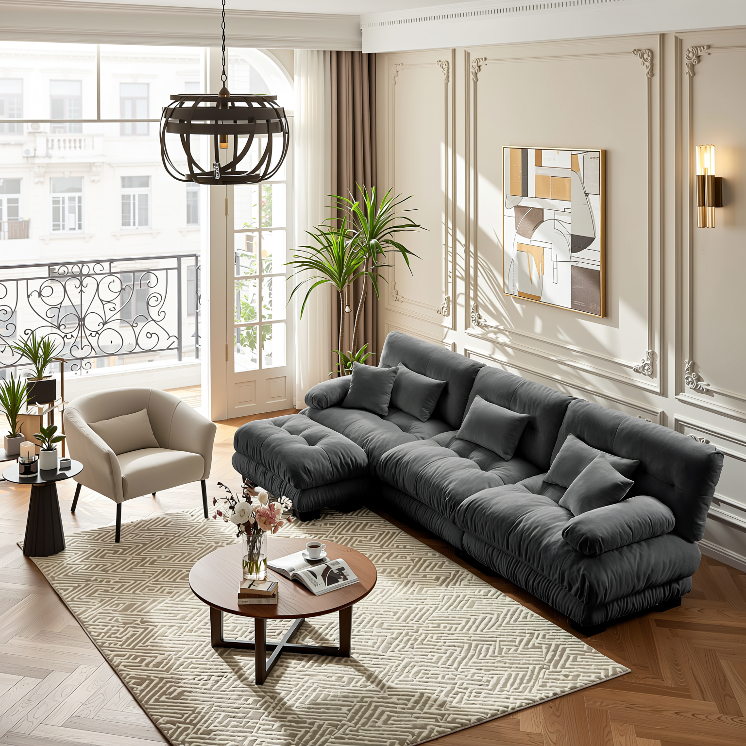 Monterey 134" Modular Chenille Cloud L-Shaped Sectional Sofa with Convertible Ottoman