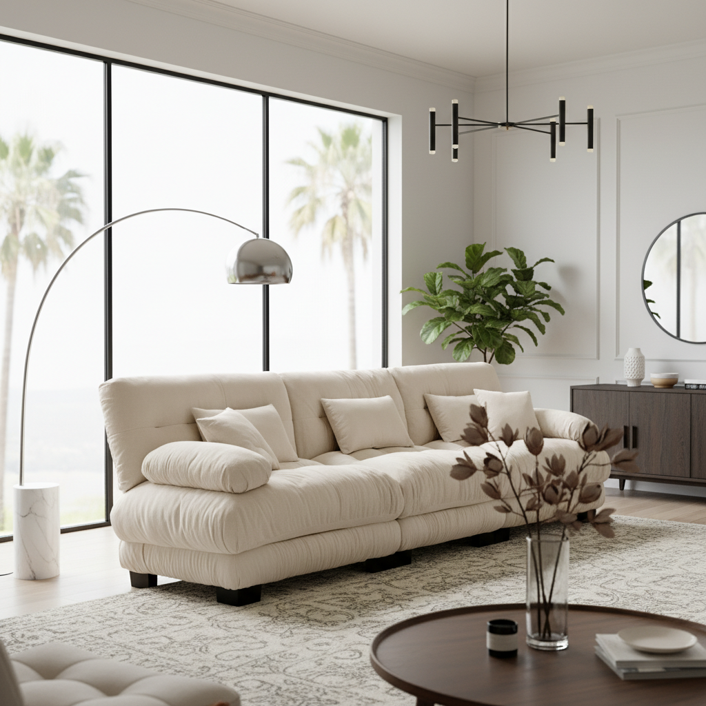 Homy Casa 3-Seater Sectional Sofa Modular Deep Seat Sofa Couch "" Chenille Light Coffee for Living Room, Apartment, Studio, Office
