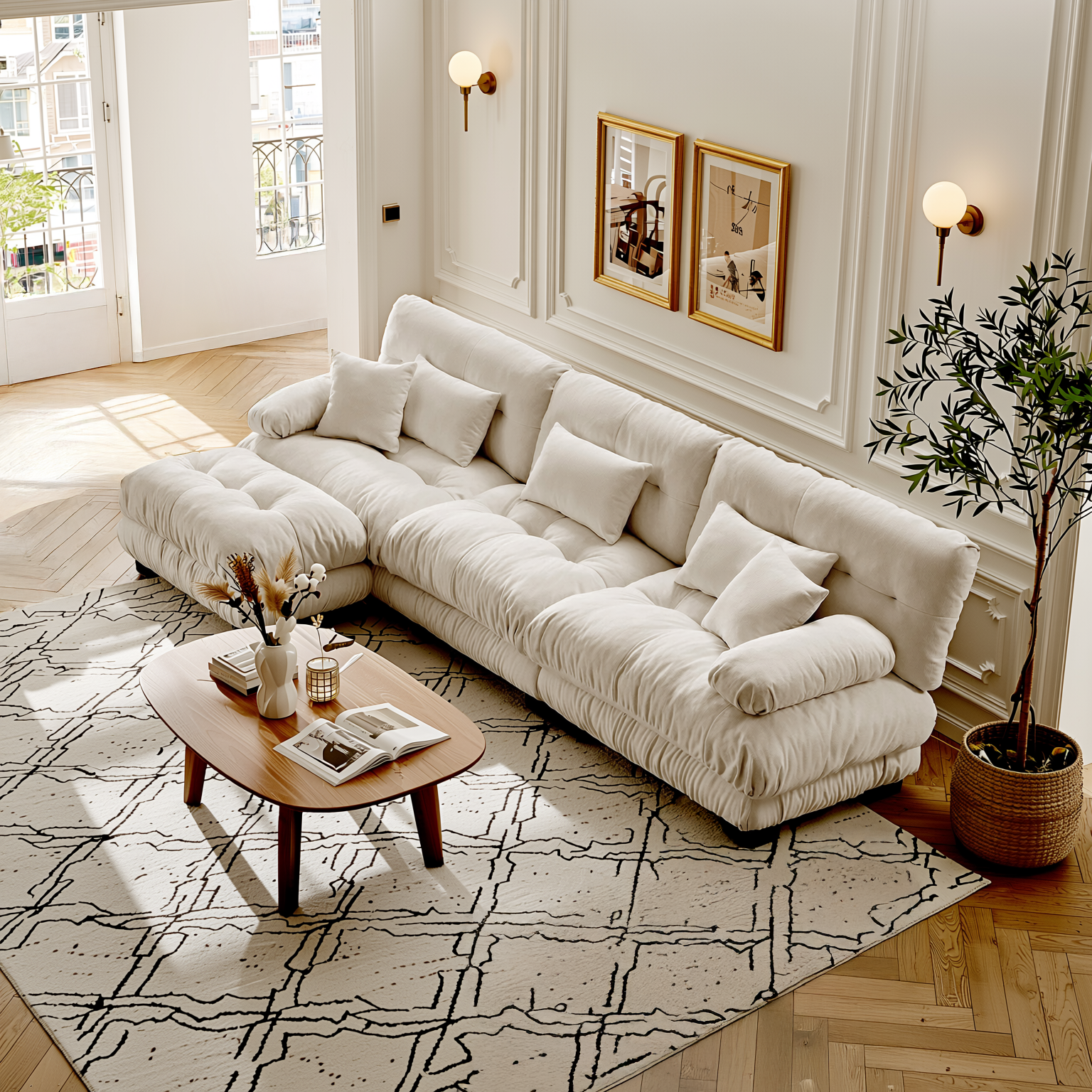Monterey 134" Modular Chenille Cloud L-Shaped Sectional Sofa with Convertible Ottoman