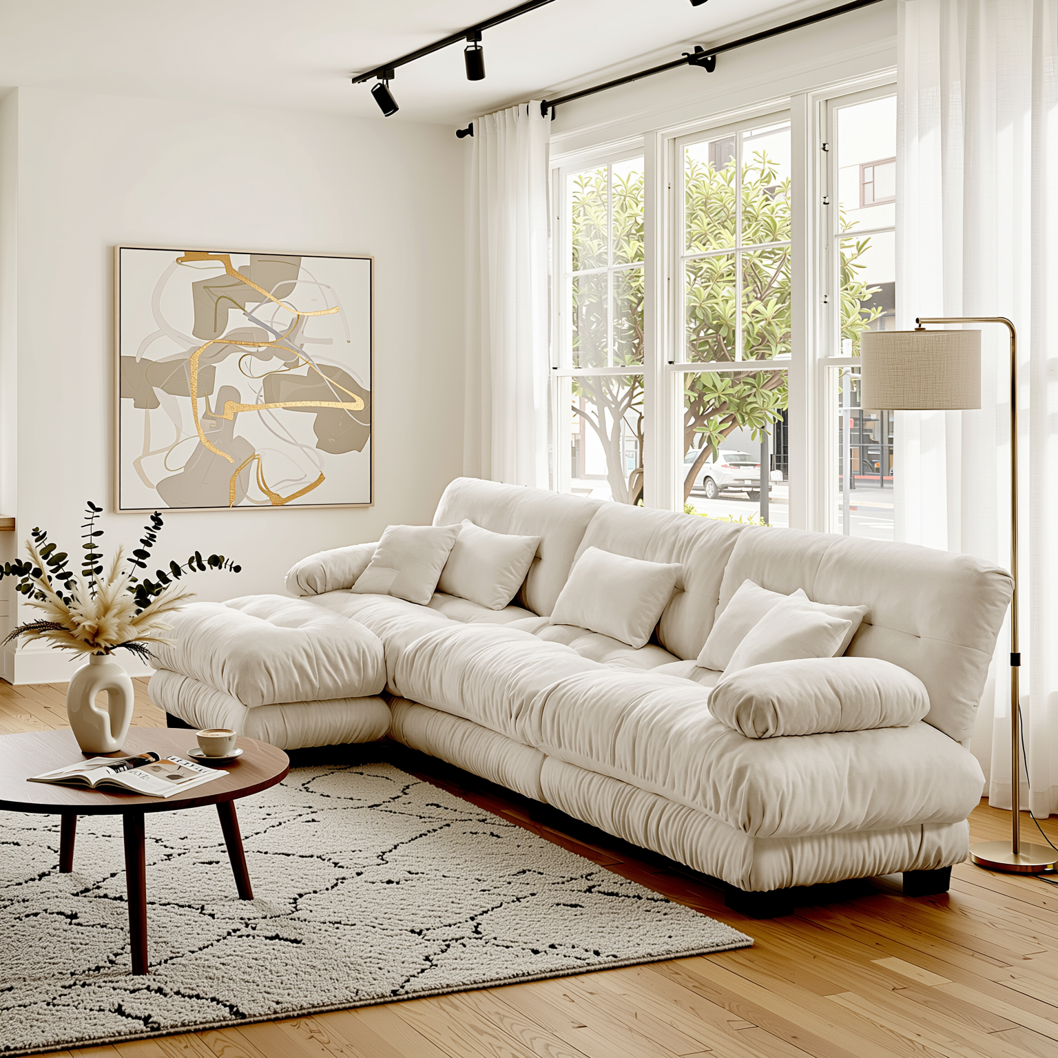 Monterey 134" Modular Chenille Cloud L-Shaped Sectional Sofa with Convertible Ottoman