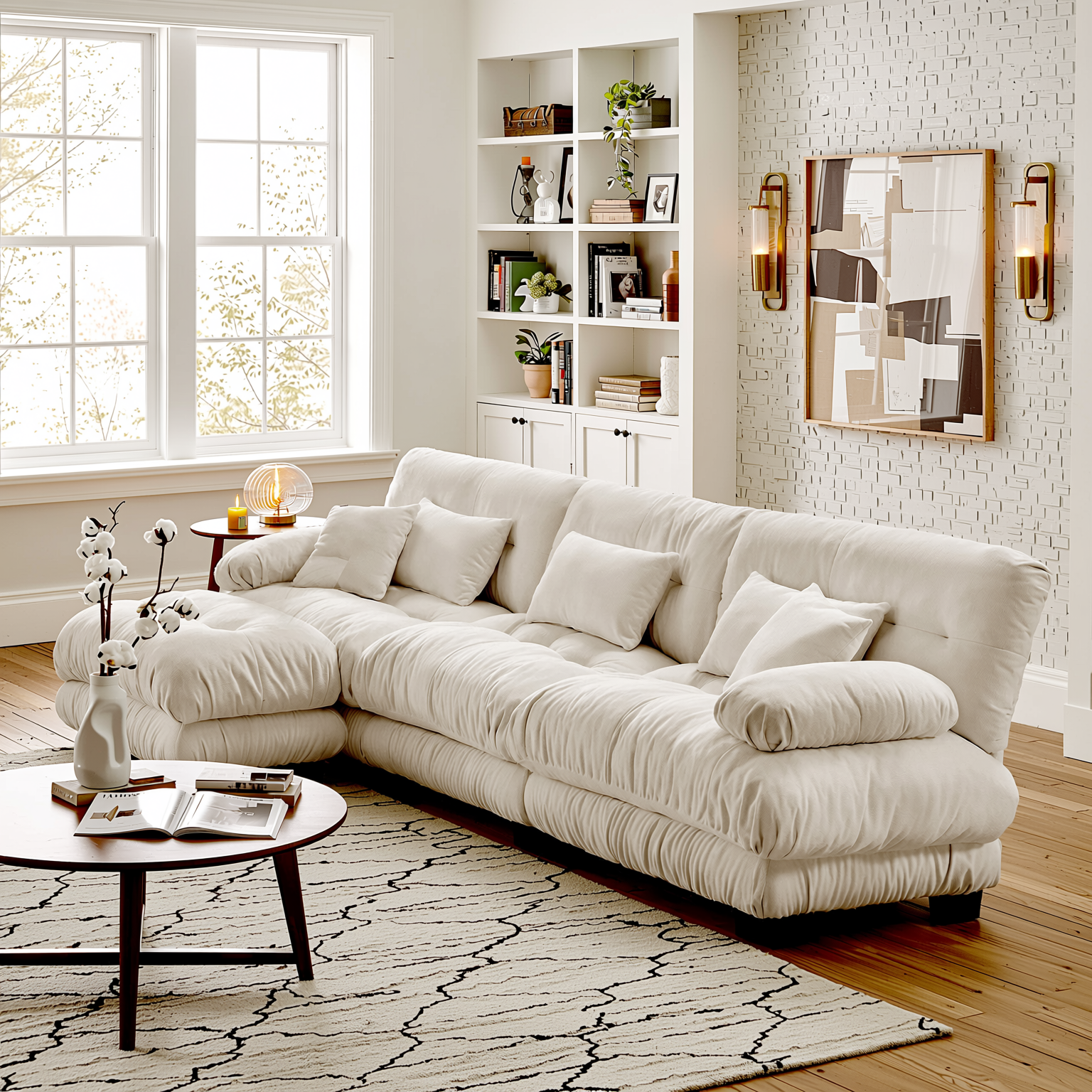 Monterey 134" Modular Chenille Cloud L-Shaped Sectional Sofa with Convertible Ottoman