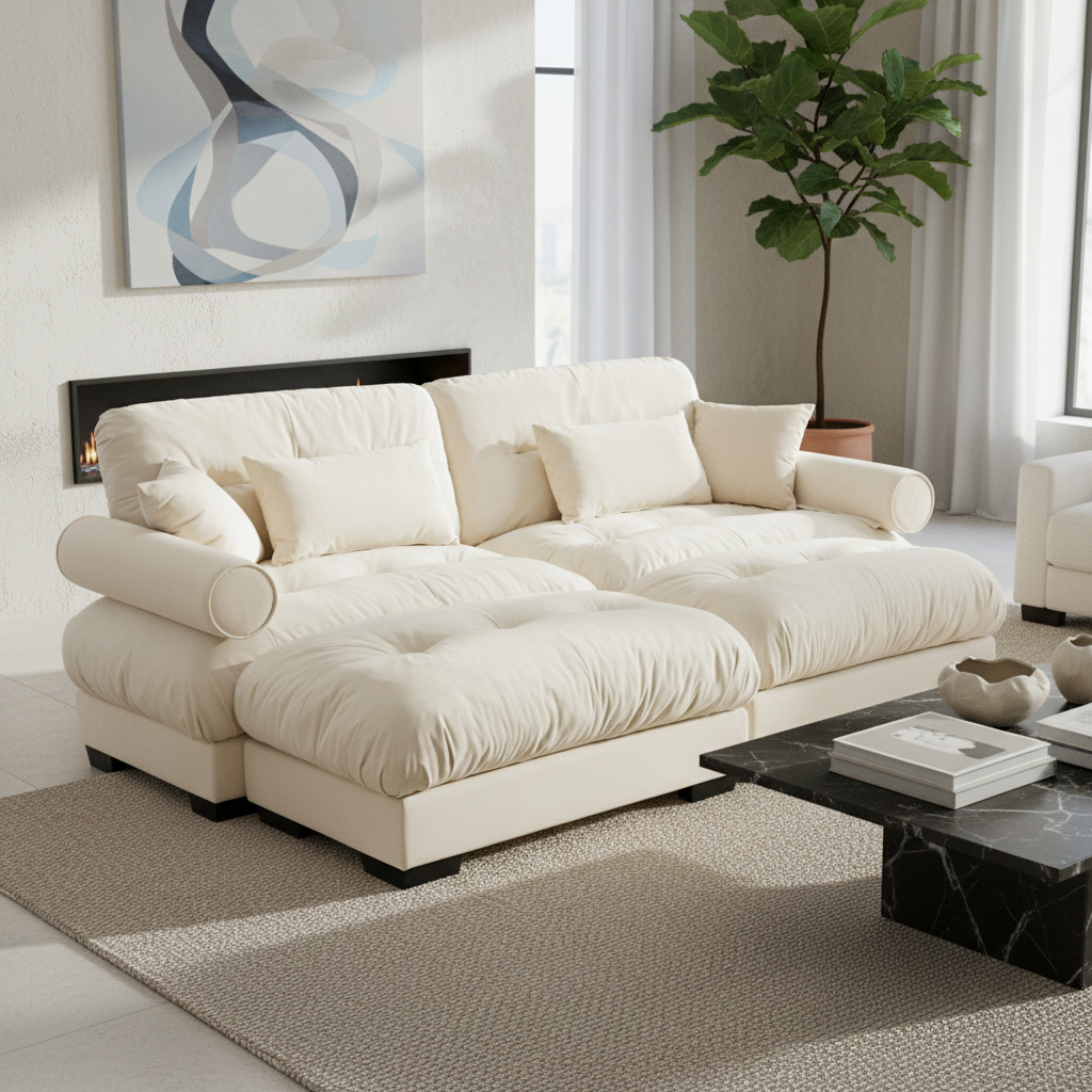 Napa 94” Modular Velvet Upholstered 2-Seater Sofa with Two Ottomans and Bolstered Armrests