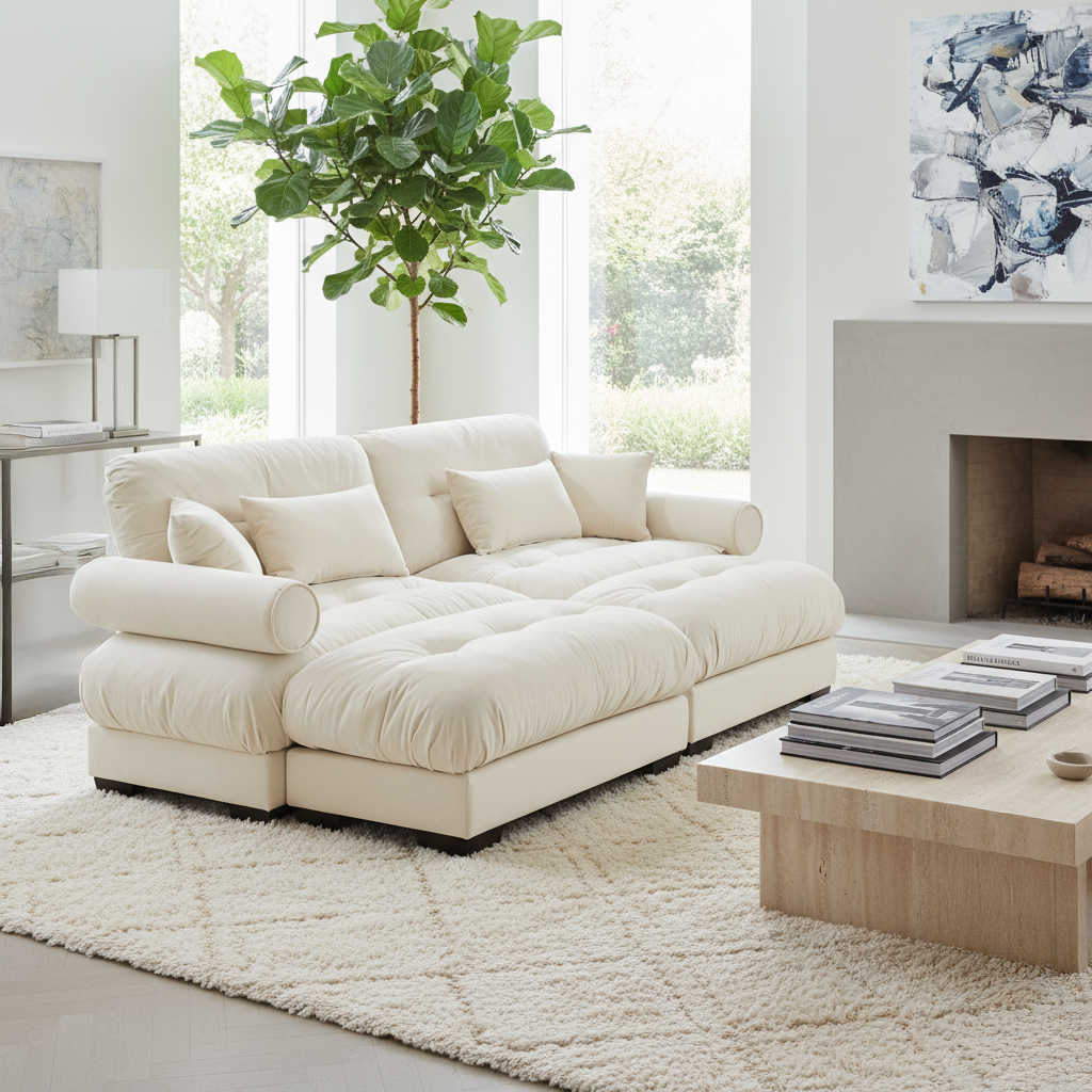 Napa 94” Modular Velvet Upholstered 2-Seater Sofa with Two Ottomans and Bolstered Armrests