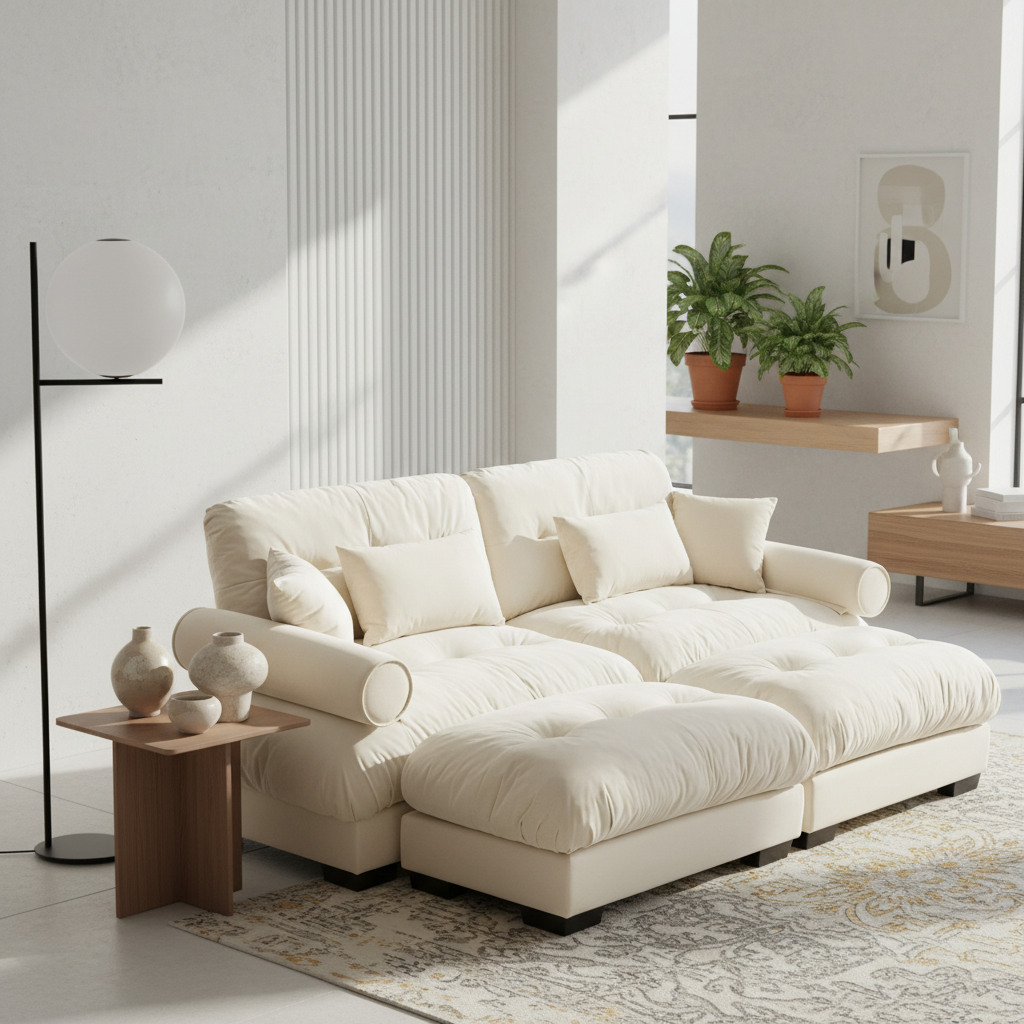 Napa 94” Modular Velvet Upholstered 2-Seater Sofa with Two Ottomans and Bolstered Armrests