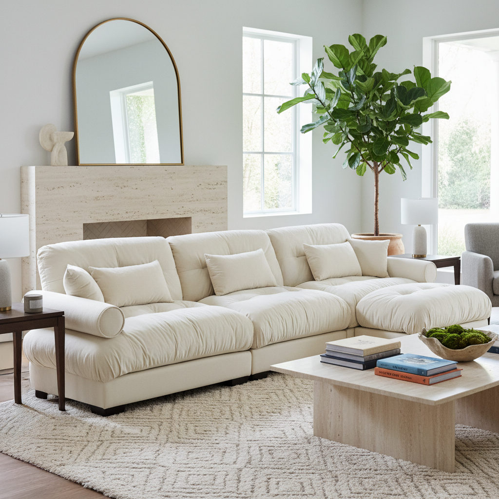Super Comfort Oversized Modular Velvet Sectional Sofa Couch with Movable Ottoman, Corner Sectional with Bolstered Armrests, Deep Seat Cloud Couch, Convertible L Shaped Couch for Living Room, Cream