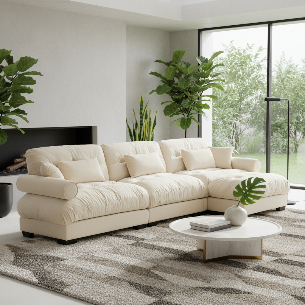Super Comfort Oversized Modular Velvet Sectional Sofa Couch with Movable Ottoman, Corner Sectional with Bolstered Armrests, Deep Seat Cloud Couch, Convertible L Shaped Couch for Living Room, Cream