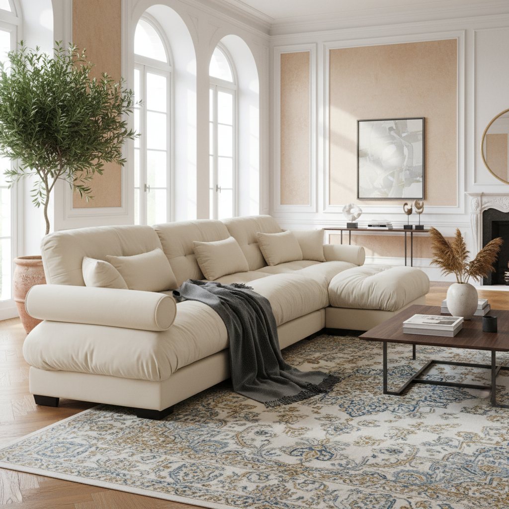 Super Comfort Oversized Modular Velvet Sectional Sofa Couch with Movable Ottoman, Corner Sectional with Bolstered Armrests, Deep Seat Cloud Couch, Convertible L Shaped Couch for Living Room, Cream
