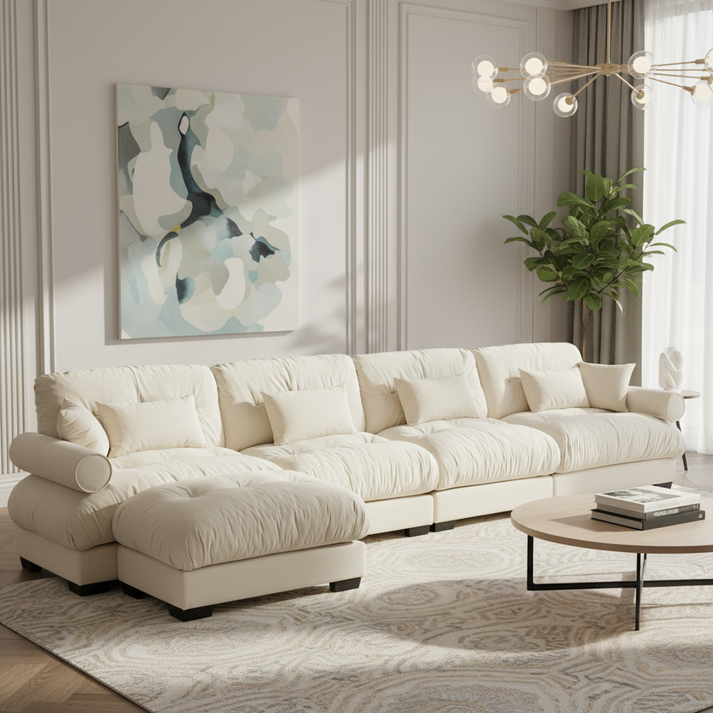 Napa 166" Modular Velvet Upholstered L-Shaped Sectional Sofa with ottoman and Bolstered Armrests