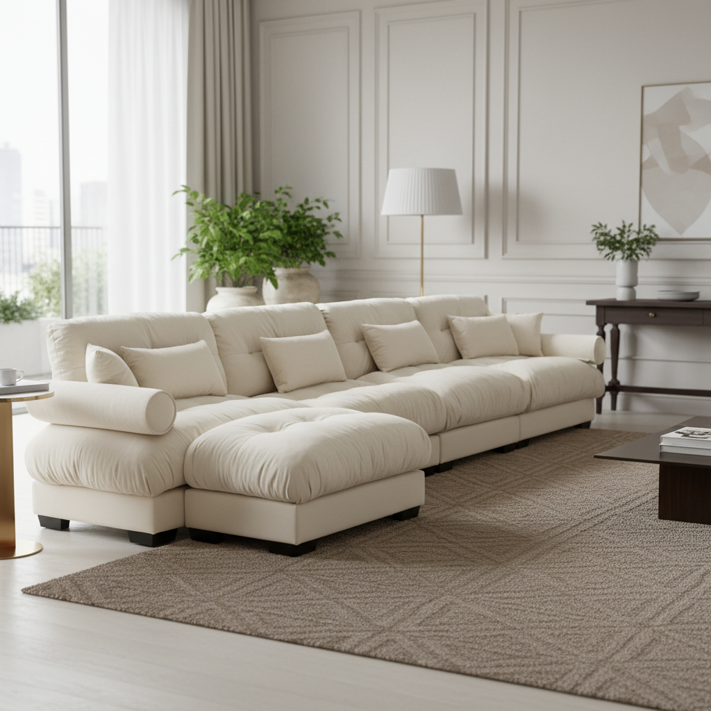 Napa 166" Modular Velvet Upholstered L-Shaped Sectional Sofa with ottoman and Bolstered Armrests