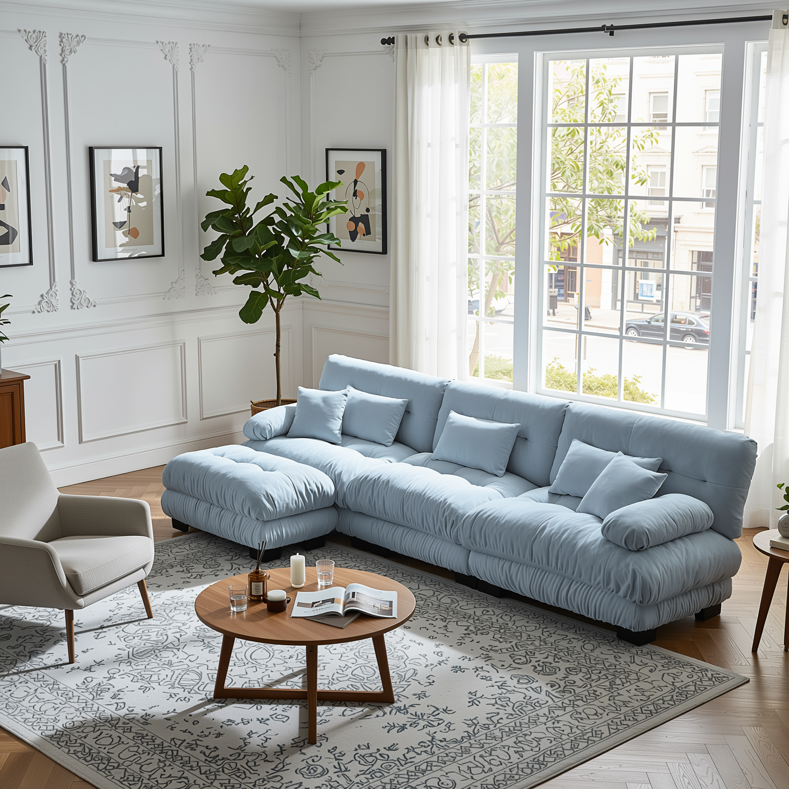Monterey 134" Modular Chenille Cloud L-Shaped Sectional Sofa with Convertible Ottoman