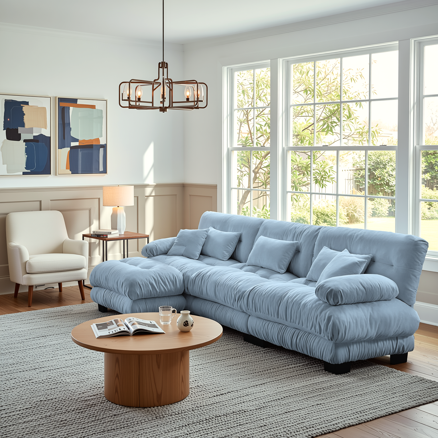 Monterey 134" Modular Chenille Cloud L-Shaped Sectional Sofa with Convertible Ottoman