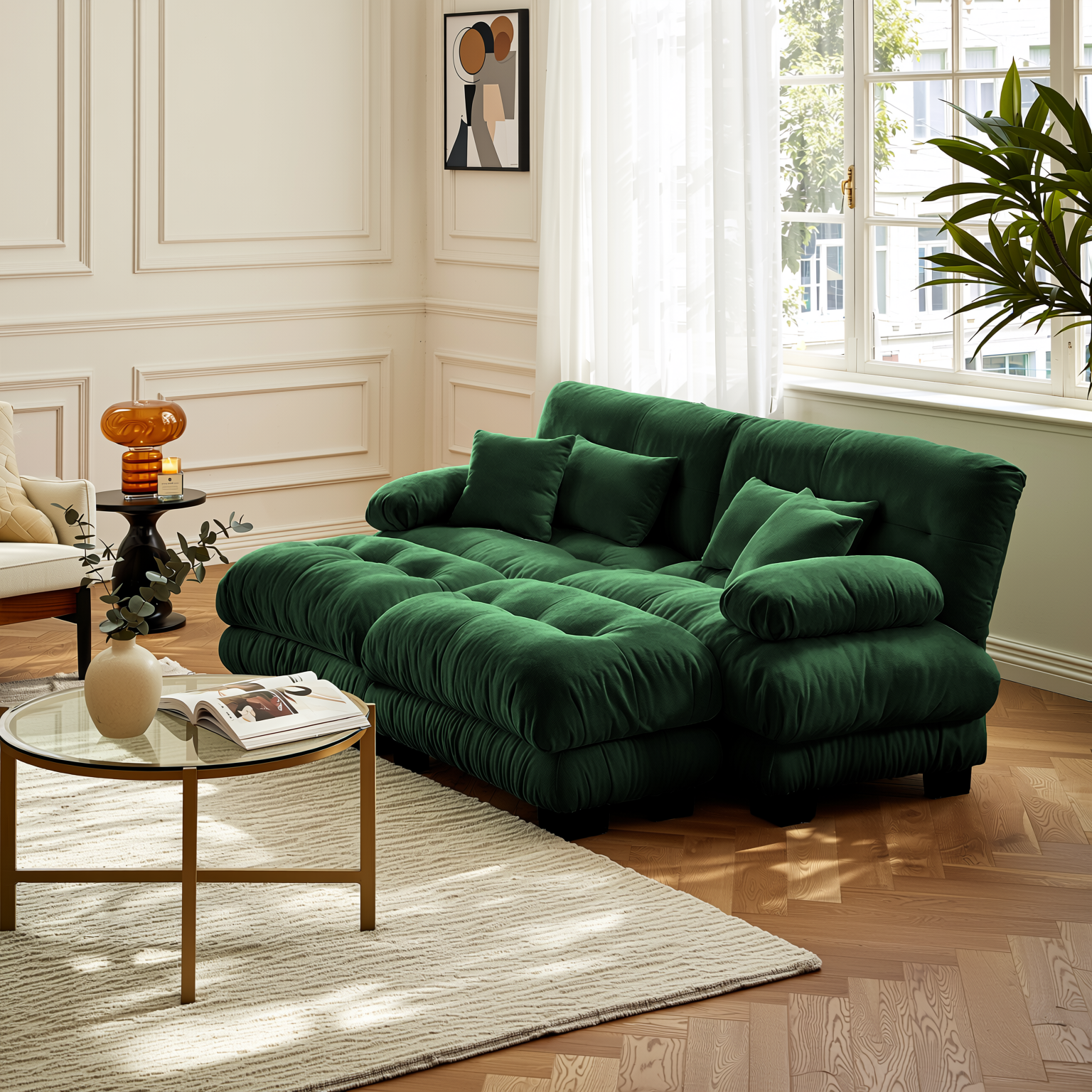 Monterey 94" Modular Chenille Cloud Sofa with 2 Ottomans and Bolstered Armrests